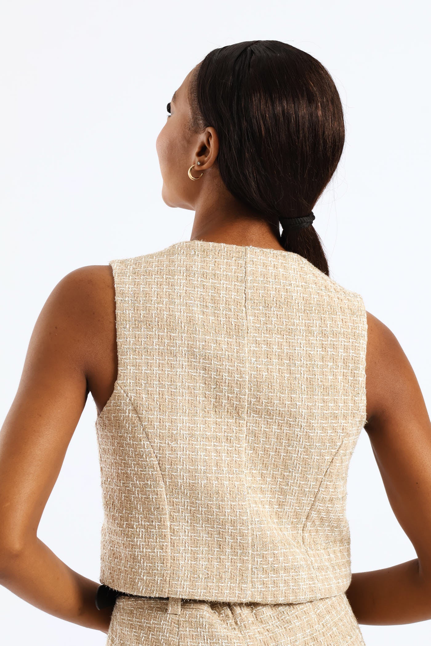 Sleeveless Tweed Fancy Button Waistcoat - Nude - Image 6