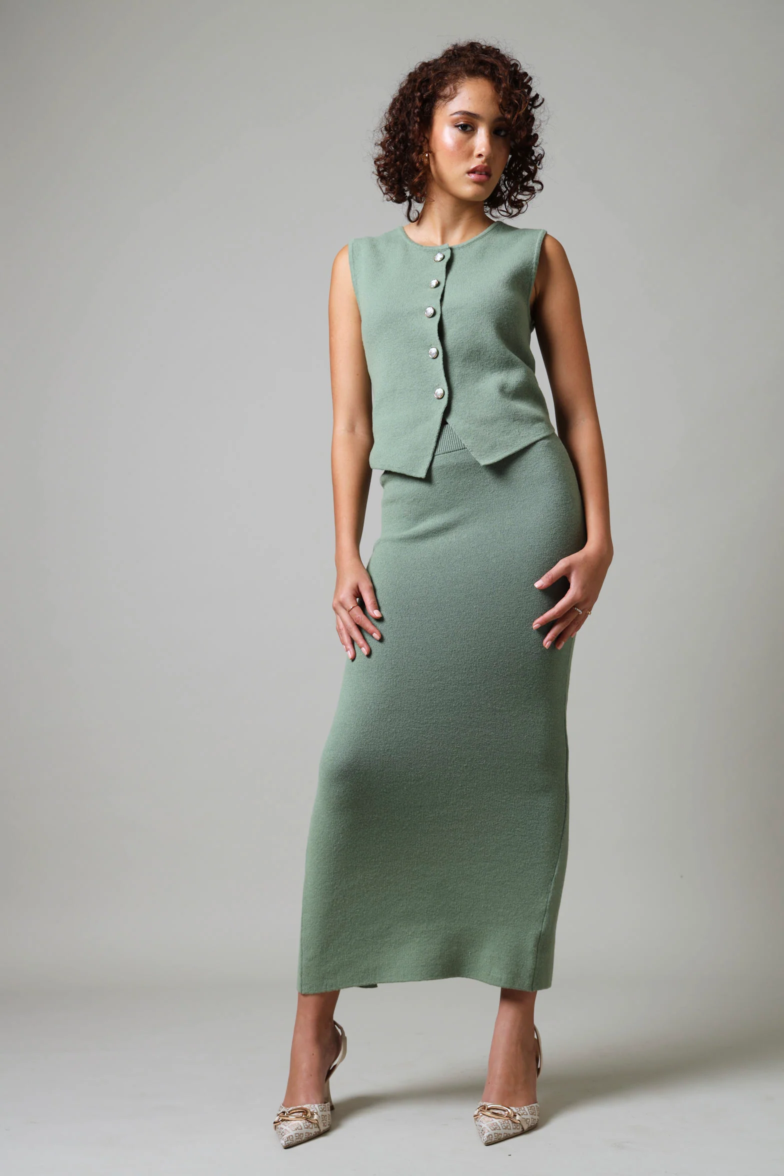 Sleevless Knitwear Waistcoat - Sage - Image 2
