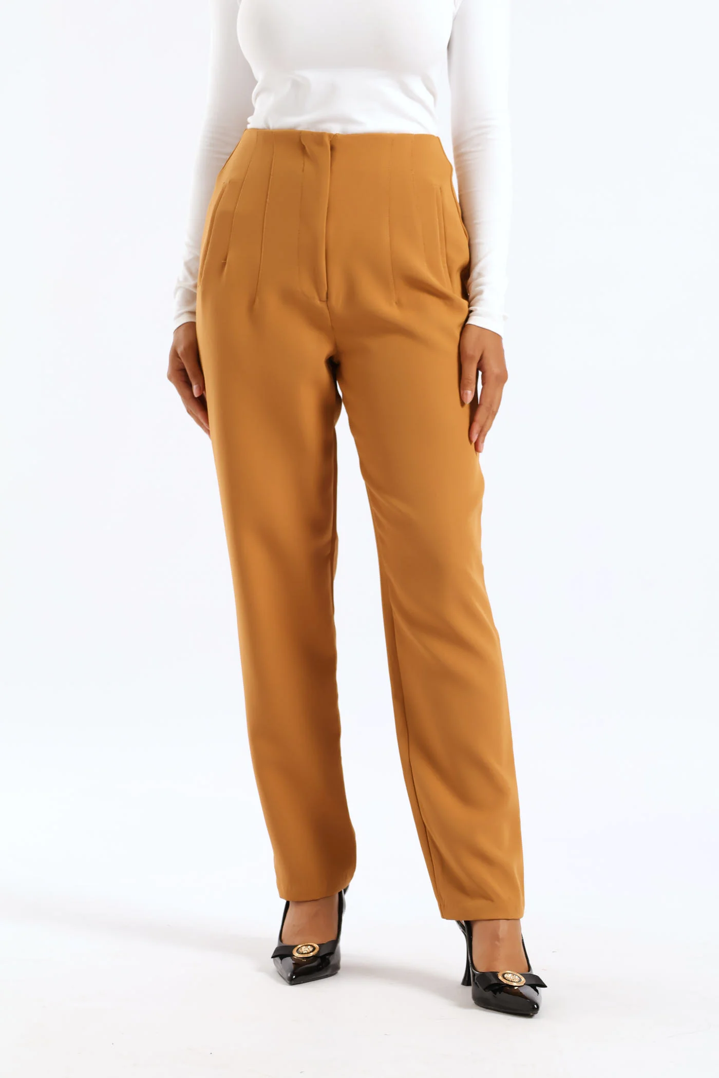 Slim Leg Pleated Detail Pant - Tan