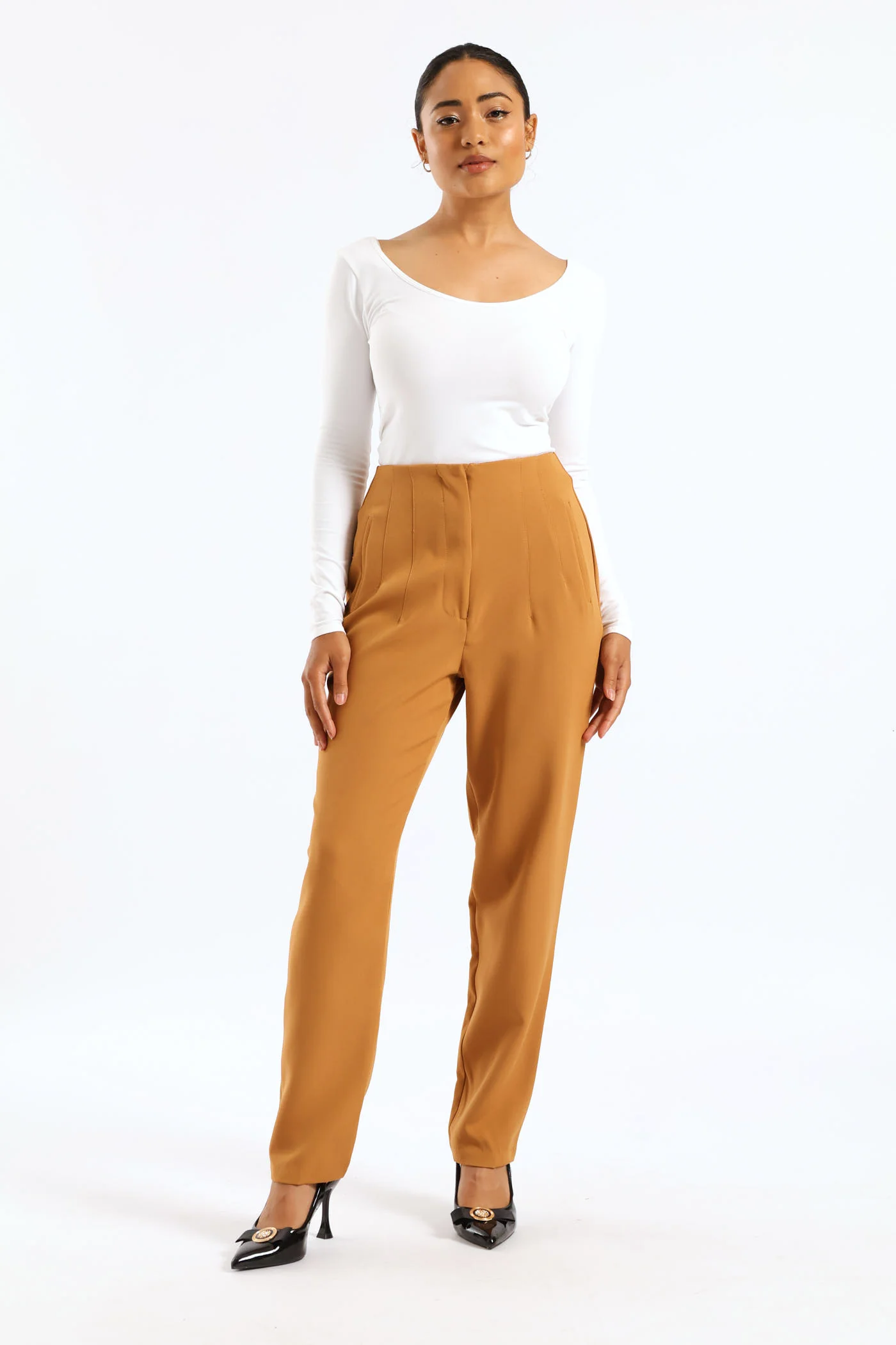 Slim Leg Pleated Detail Pant - Tan - Image 2