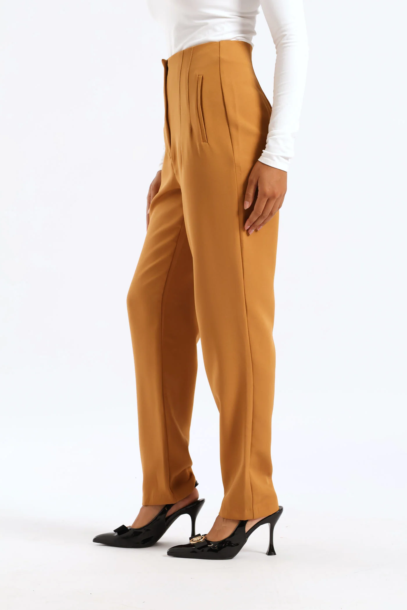 Slim Leg Pleated Detail Pant - Tan - Image 3