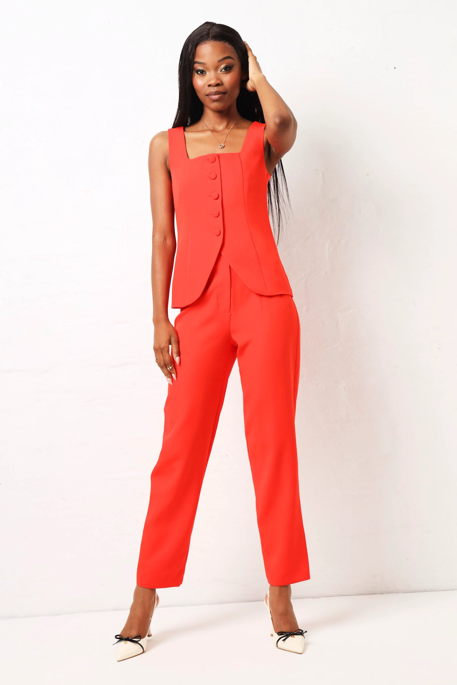 Slim Leg Pleated Detail Pants - Orange - Image 7