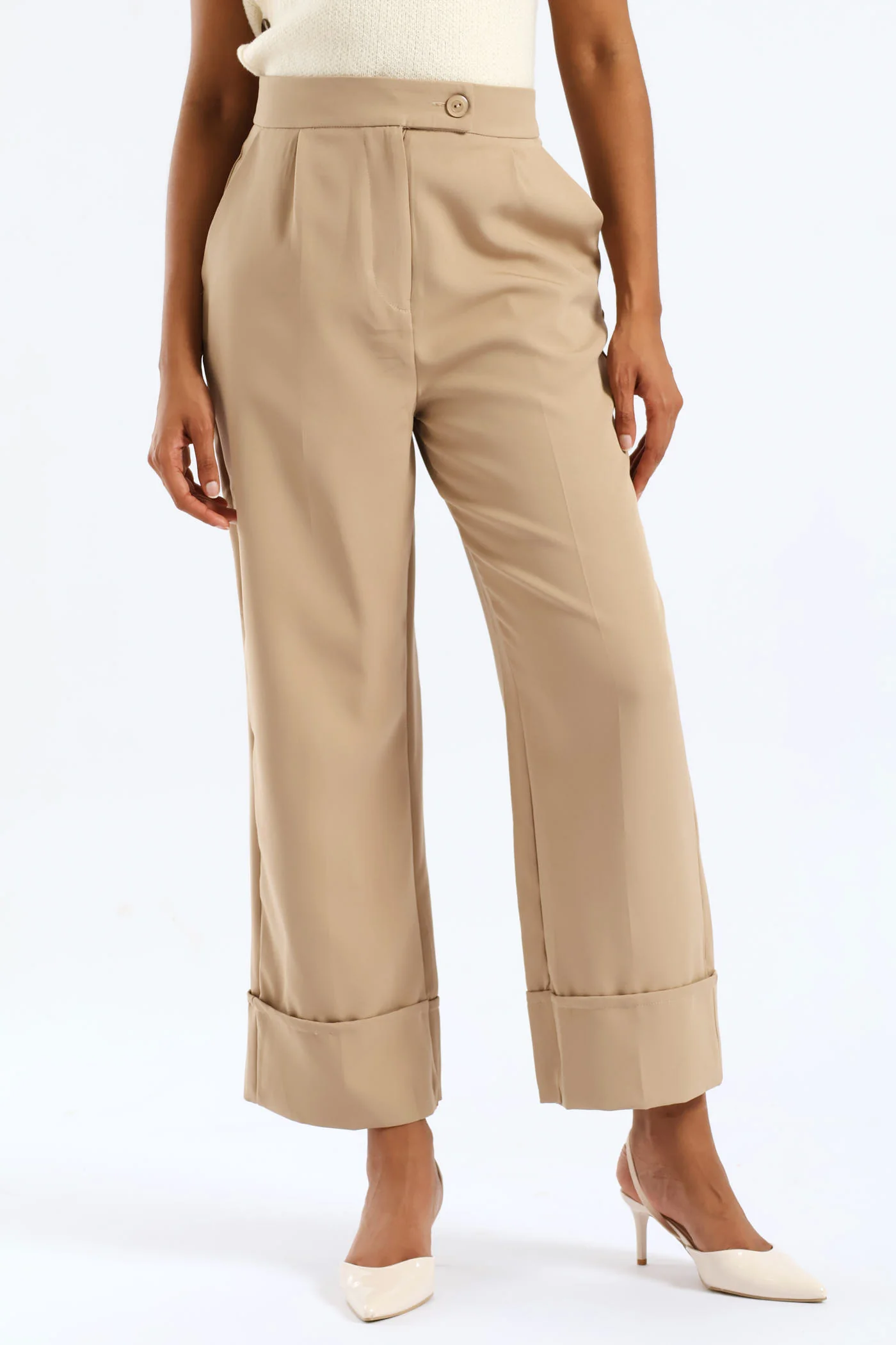 Slim Leg Turn Up Pants - Taupe
