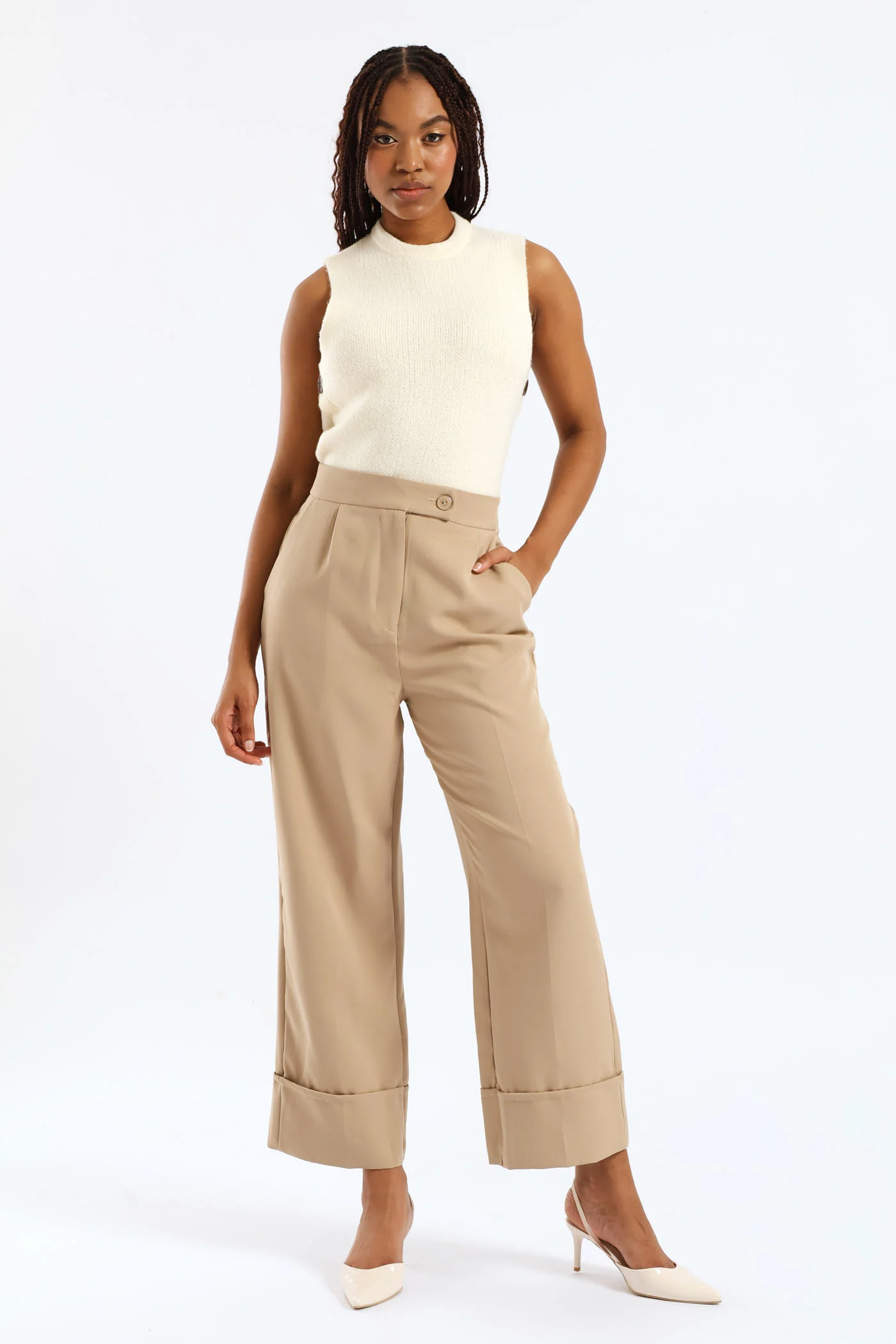 Slim Leg Turn Up Pants - Taupe - Image 2