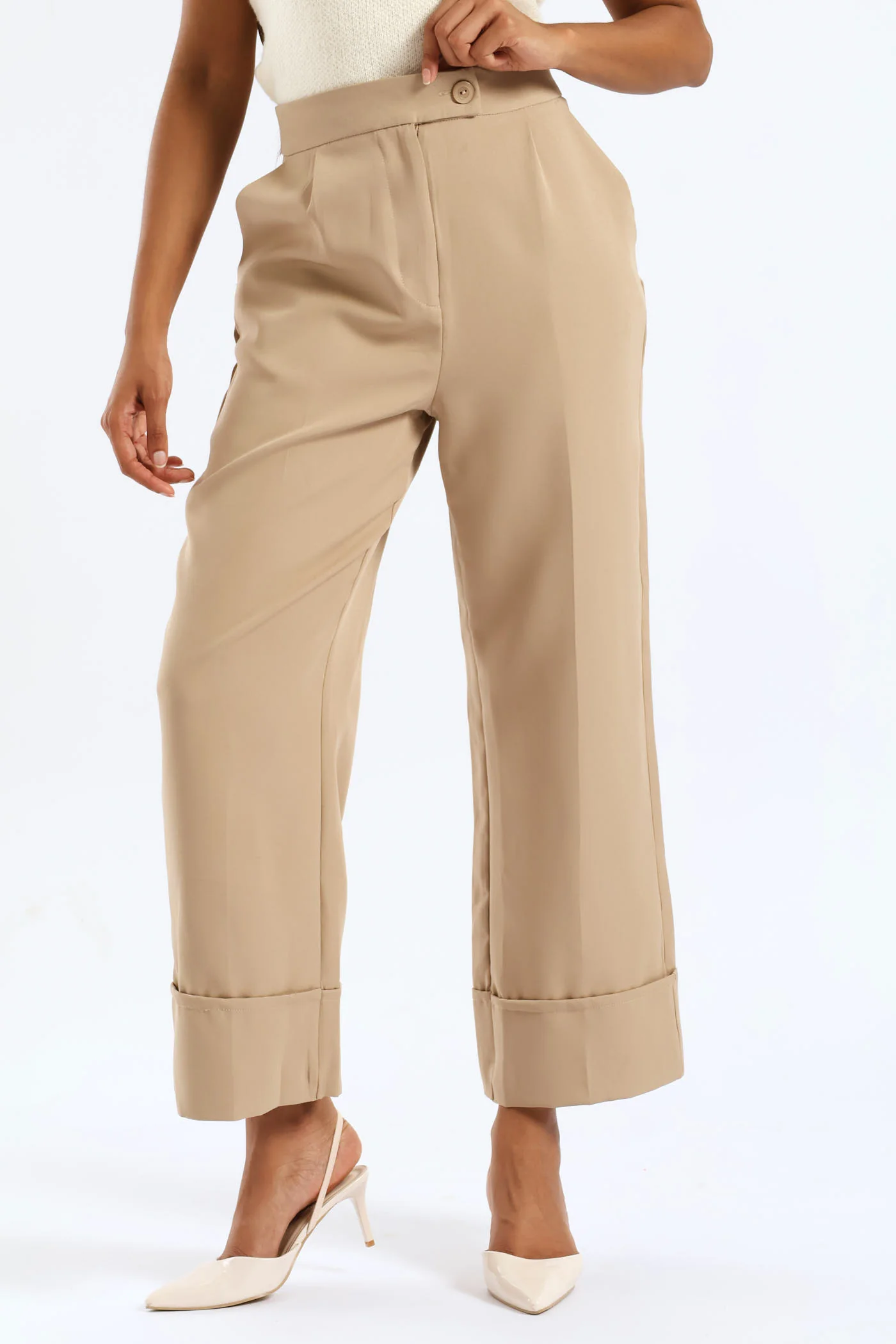 Slim Leg Turn Up Pants - Taupe - Image 3