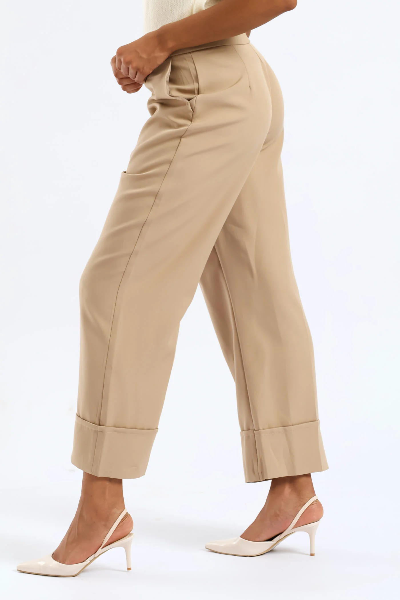 Slim Leg Turn Up Pants - Taupe - Image 4