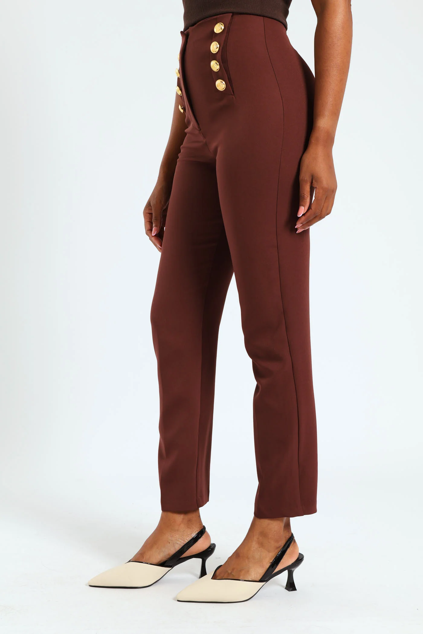 Slimleg Pants With Fancy Button Detail - Brown - Image 2
