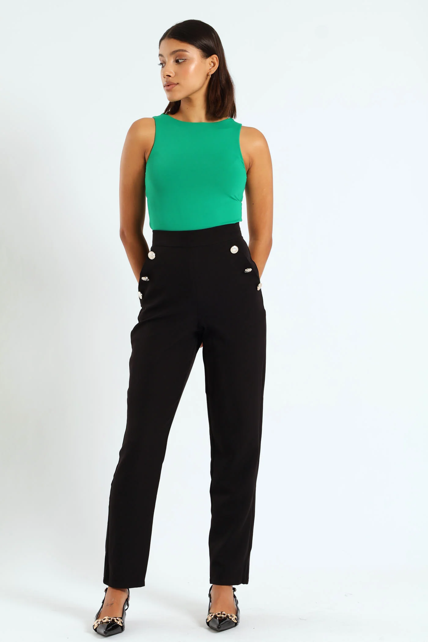 Slimleg Pants With Fancy Buttons - Black - Image 3