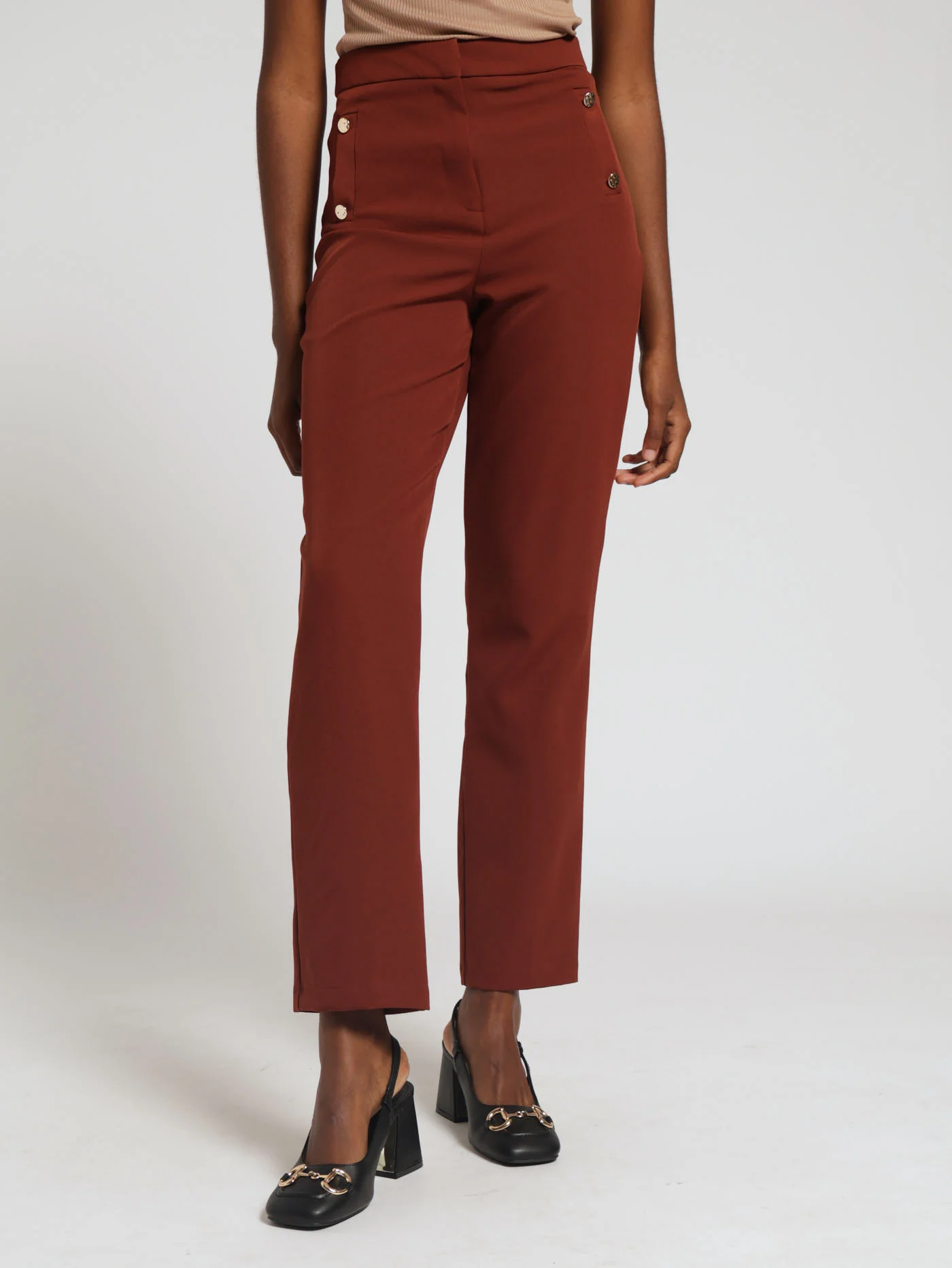 Slimleg Welt Pocket Button Detail Pants - Brown
