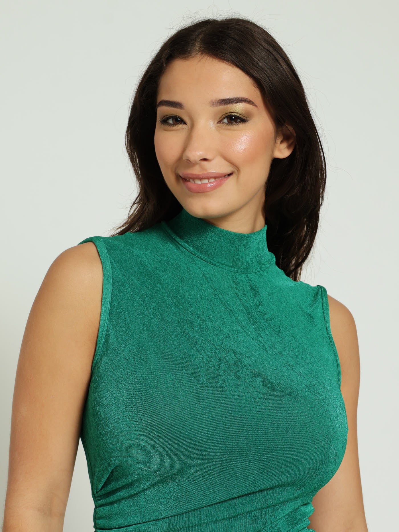 Slinky Knot Waist Hi Neck Dress - Green - Image 4