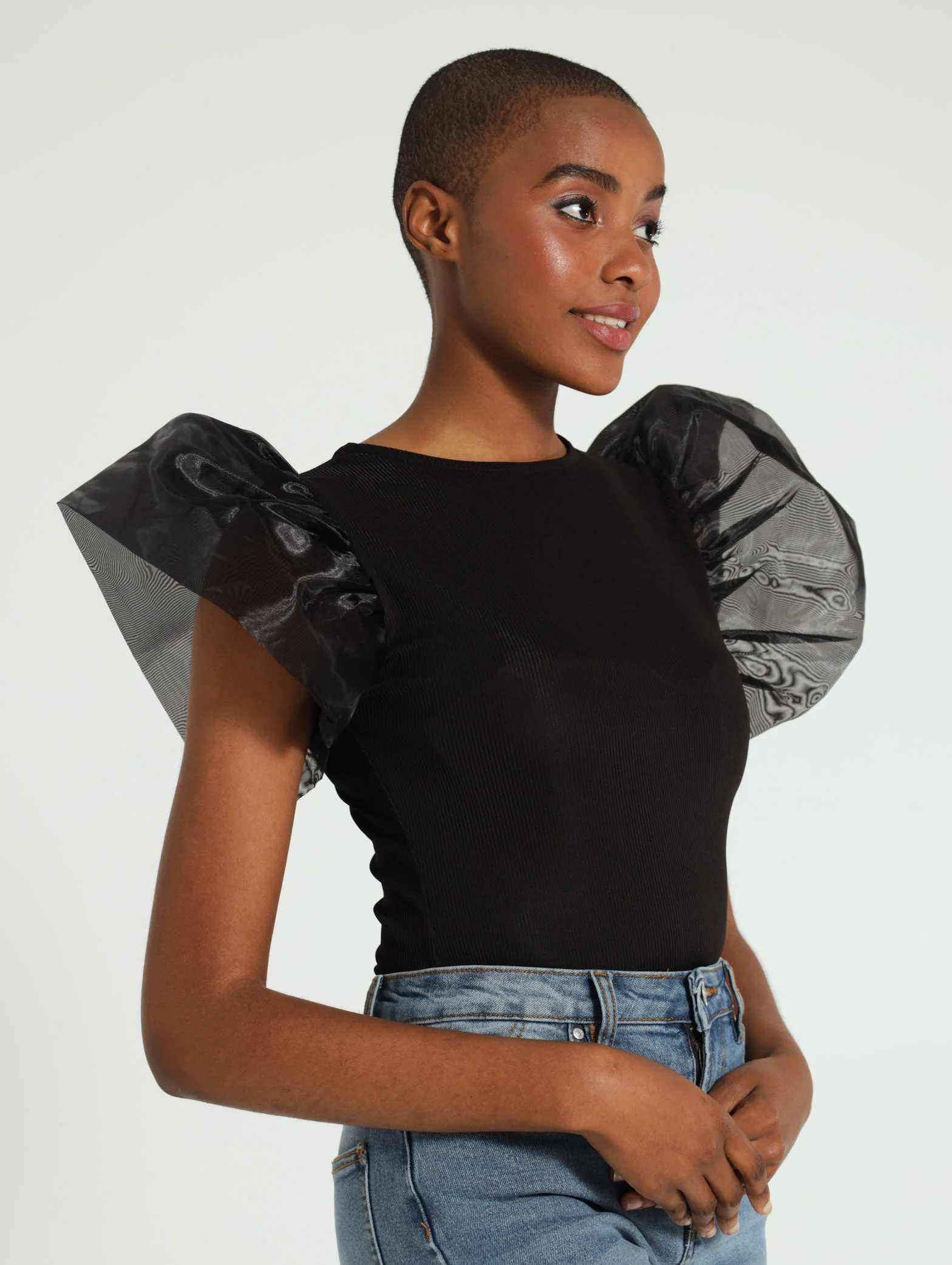 Slinky Rib Organza Sleeve Top - Image 2
