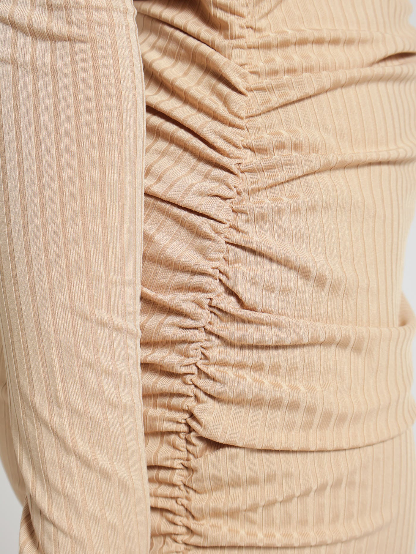 Slinky Rib Side Ruched Bodycon Dress - Beige - Image 4