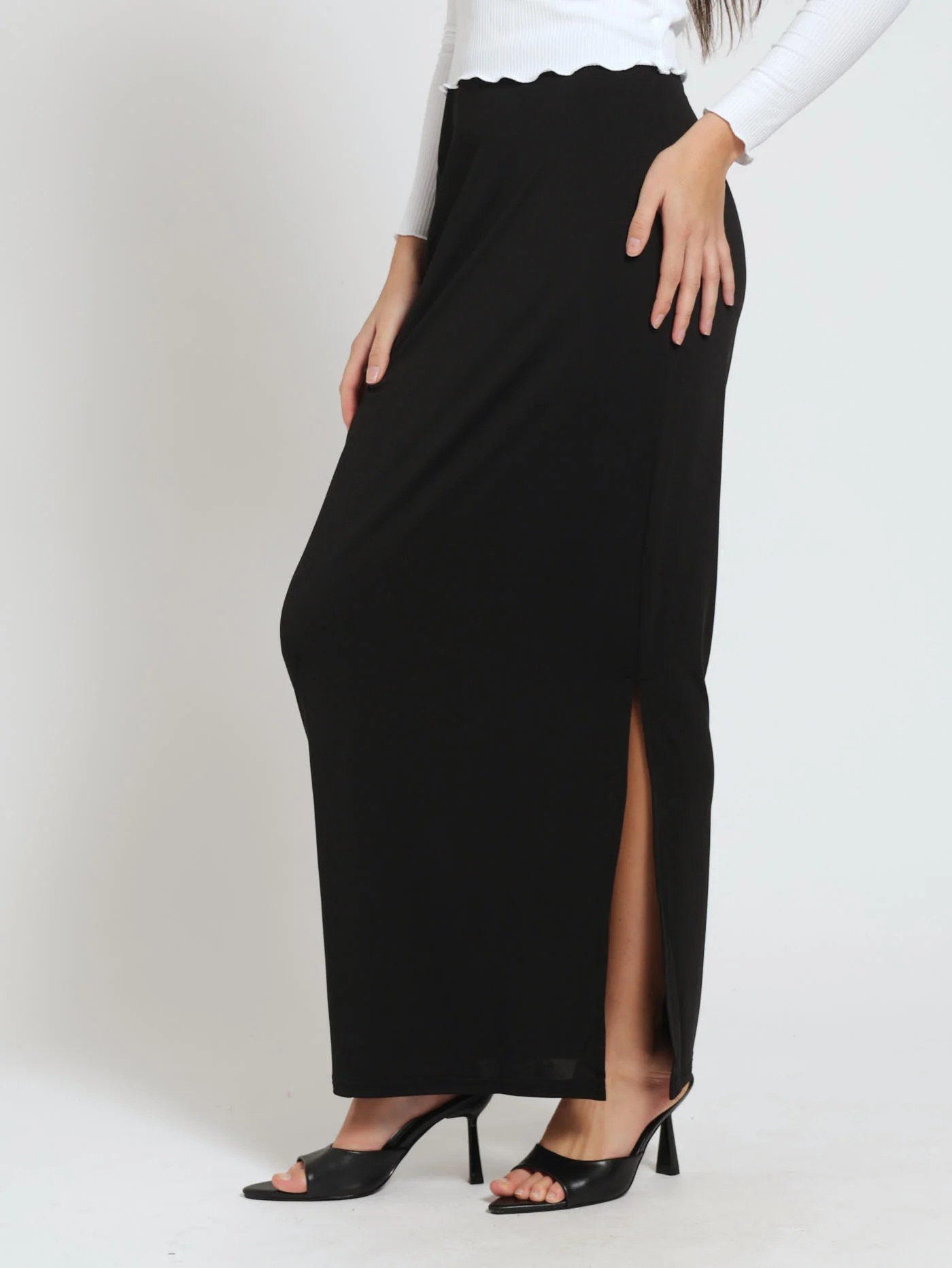 Slinky Side Slit Skirt - Black - Image 2