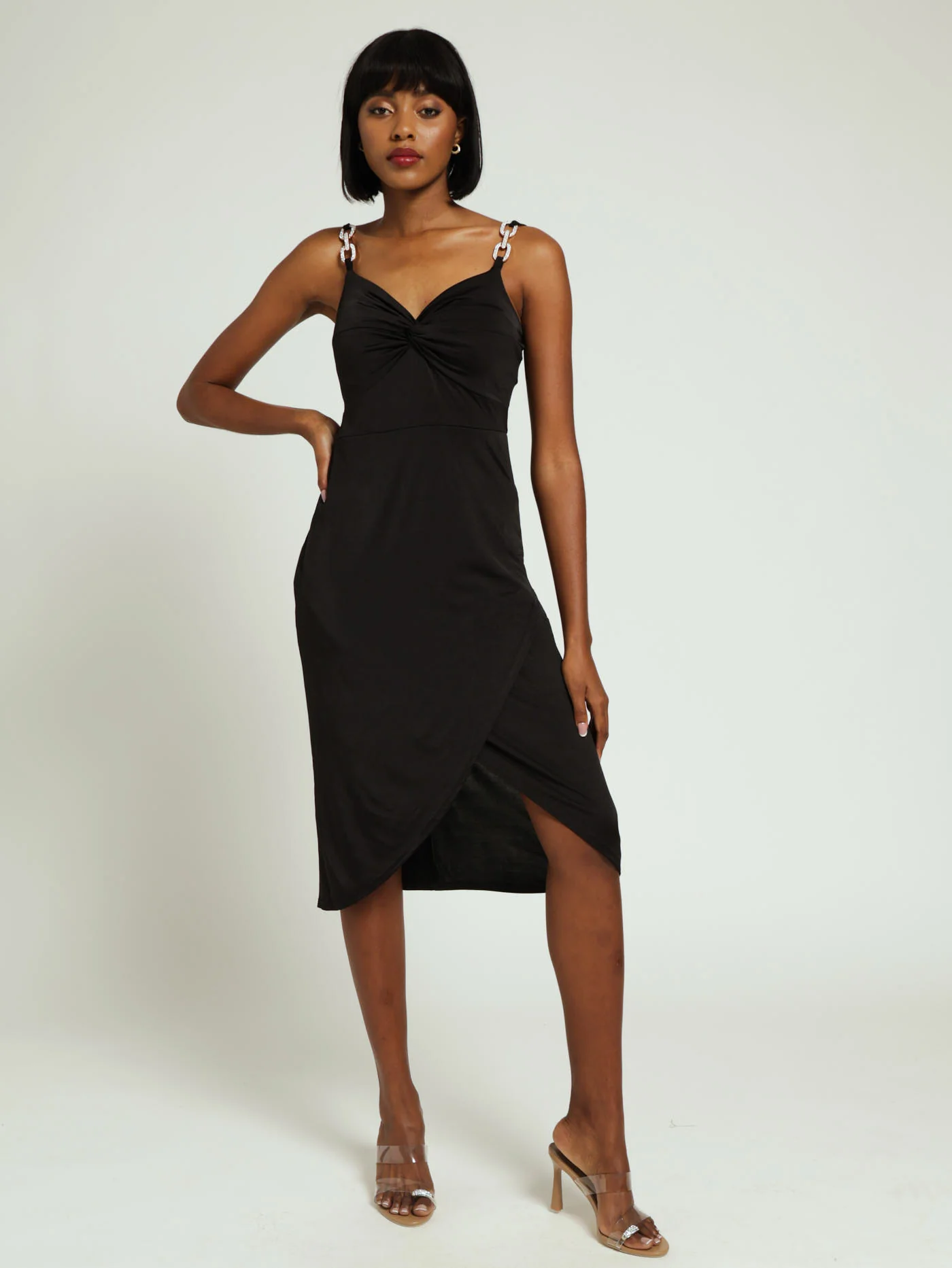 Slinky Wrap Dress With Diamante Trim Detail - Black