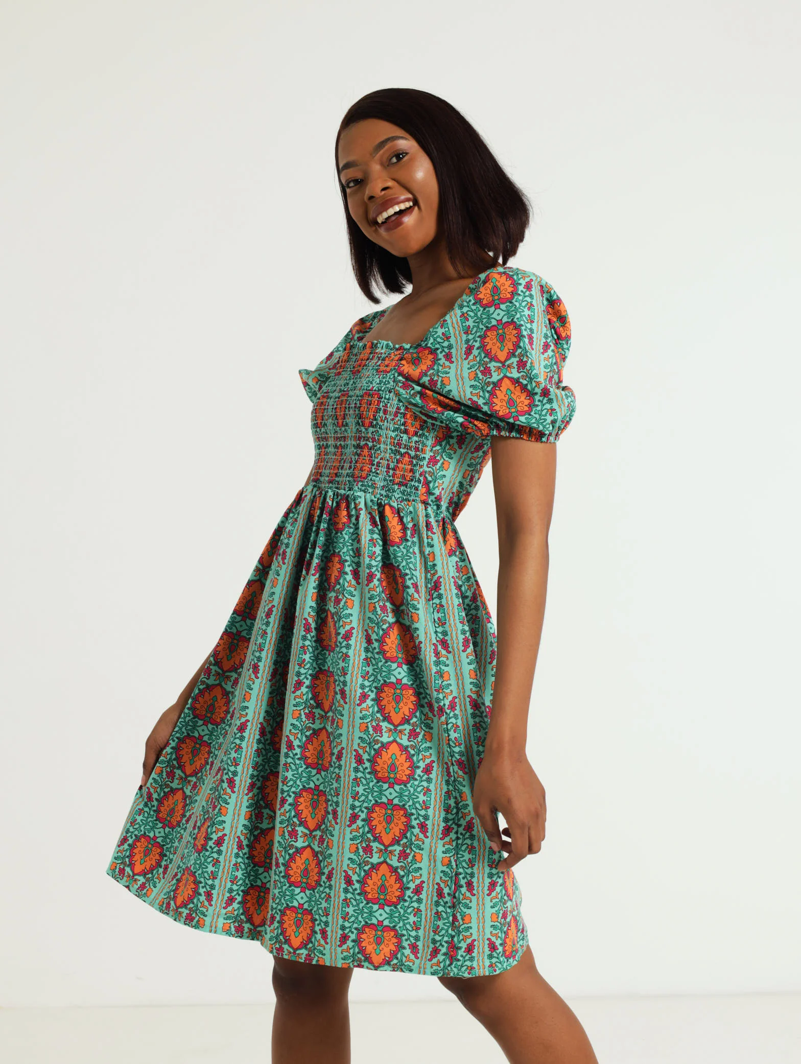 Smocked Front Poplin Printed Mini Dress