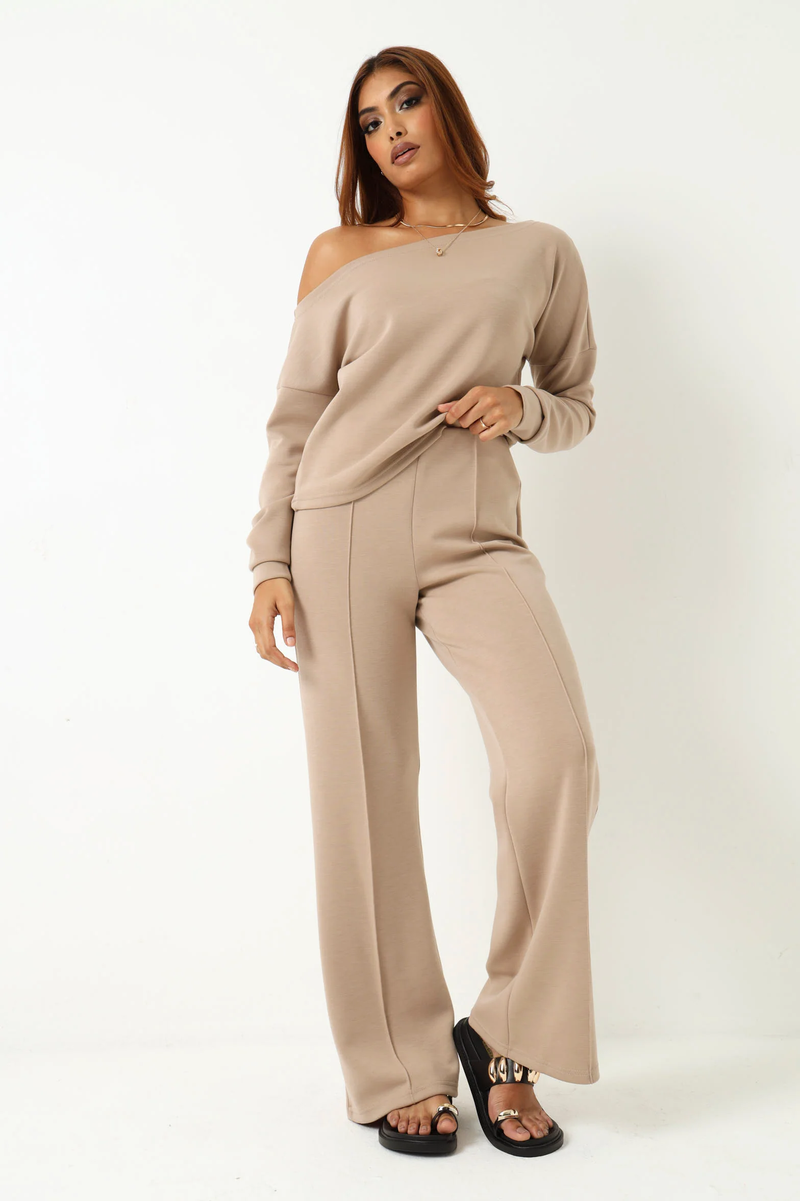 Soft Feel Pintuck Flared Leg Pant -  Stone - Image 2