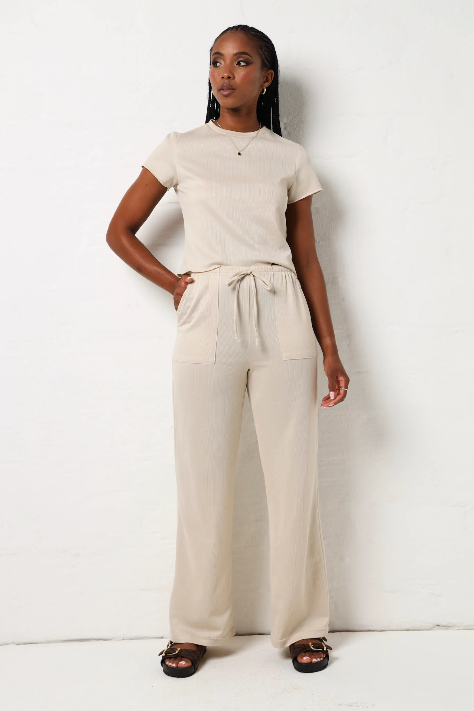 Soft Feel Textured Pant- Cream
