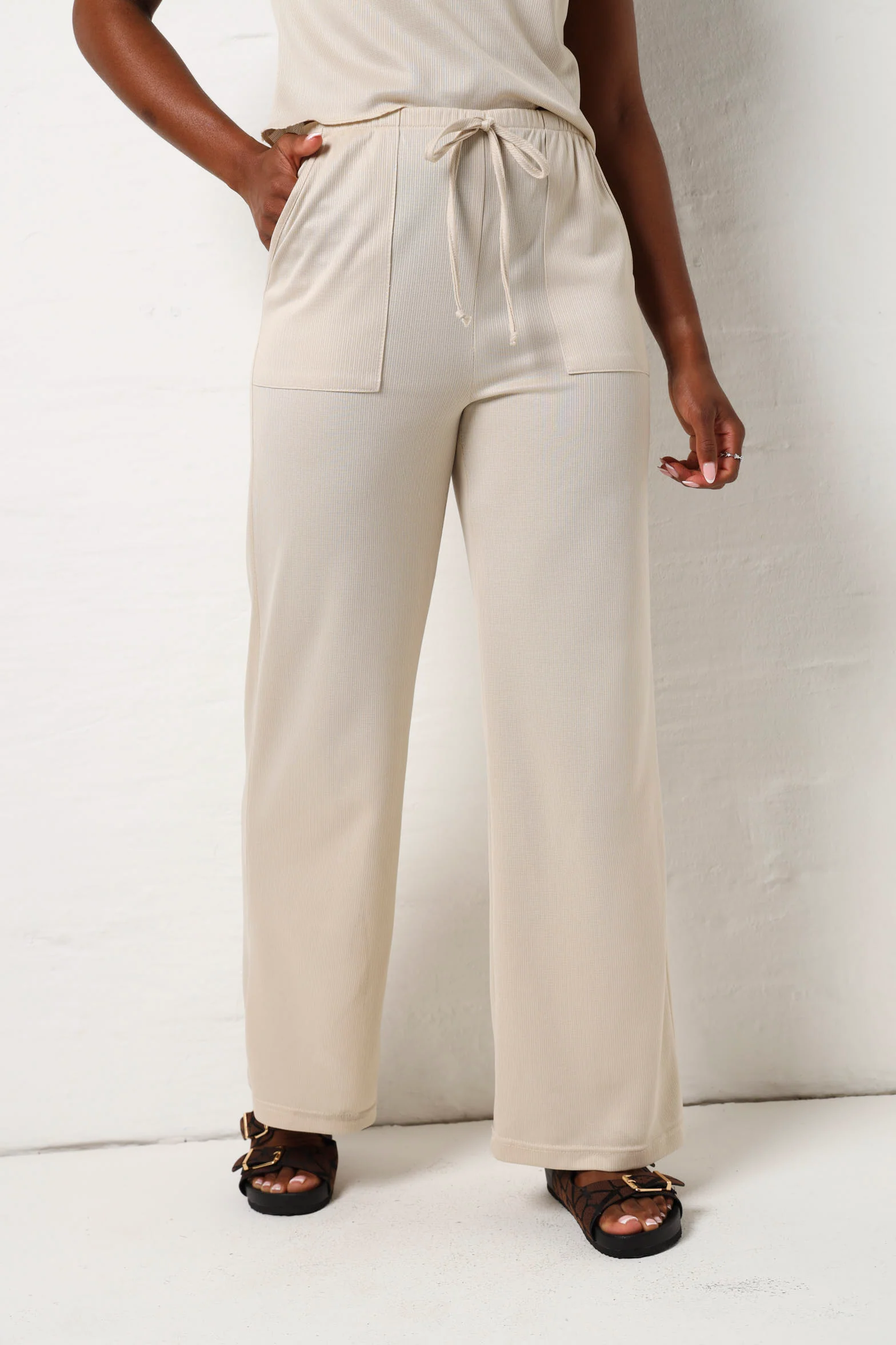 Soft Feel Textured Pant- Cream - Image 4
