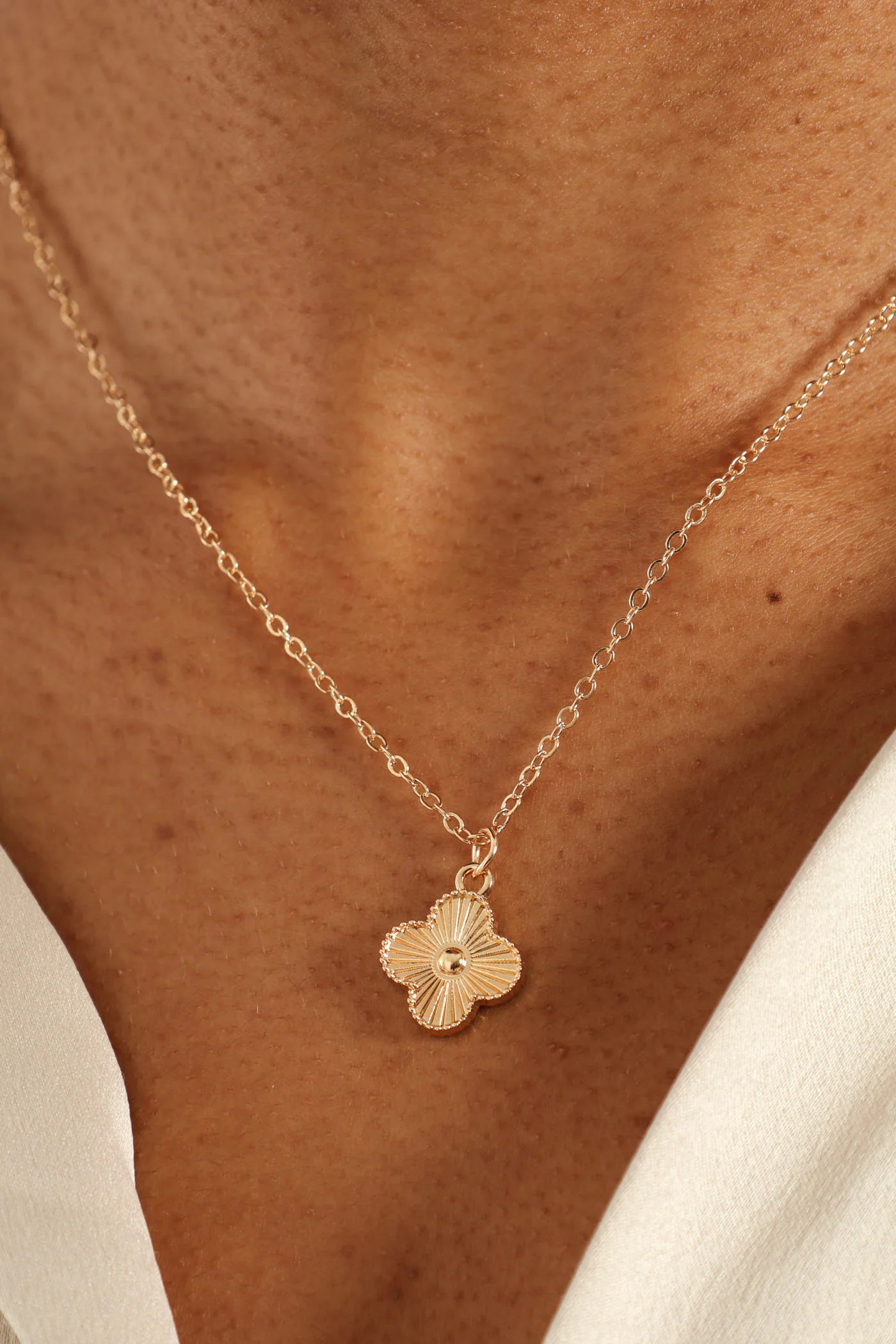 Solid Flower Pendant Necklace & Matching Earrings - Gold - Image 2