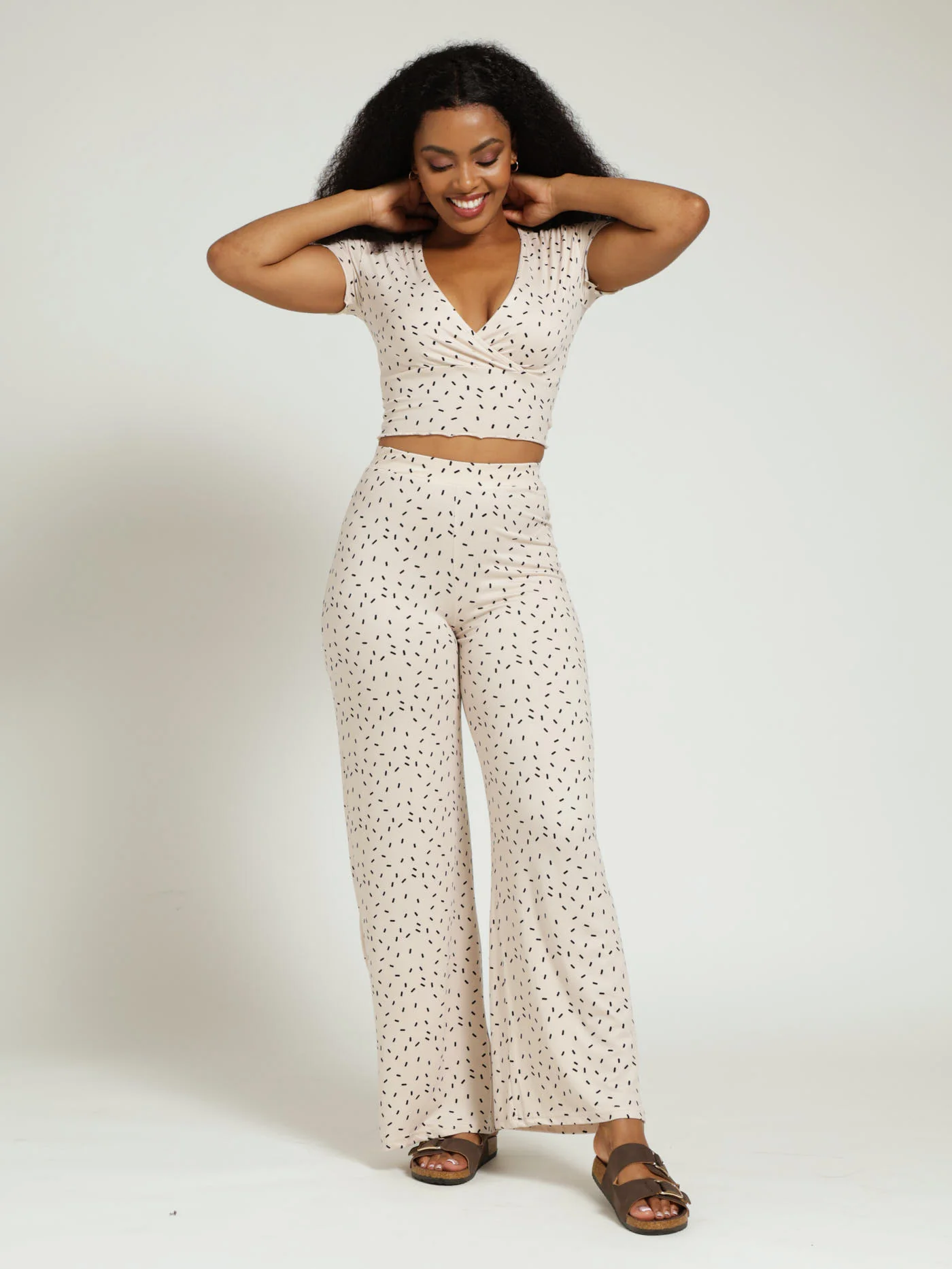 Speckle Ditsy Cross Over Top - Black/Beige - Image 4