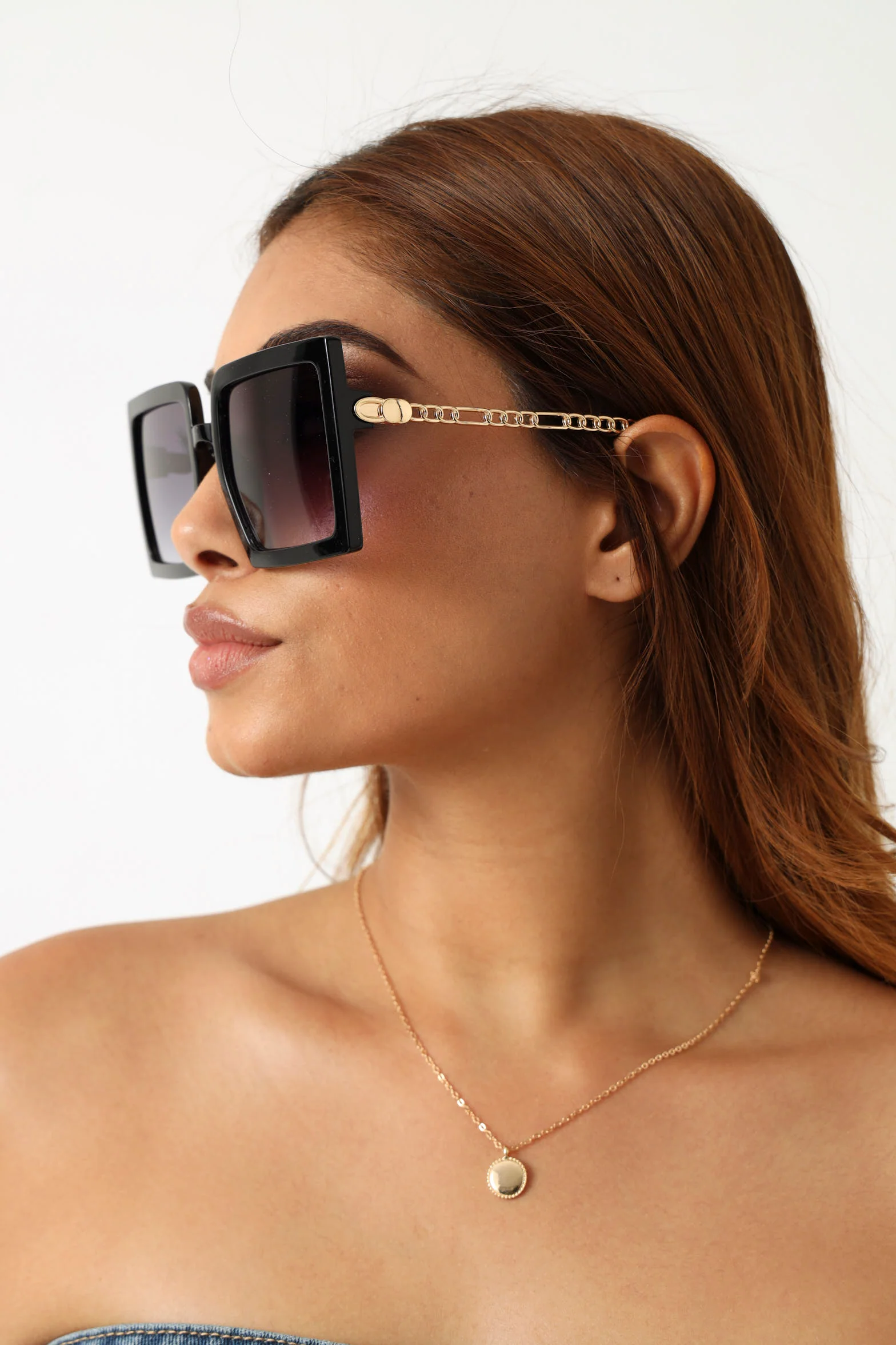 Square Frame Metal Chain Sunglasses - Black - Image 3