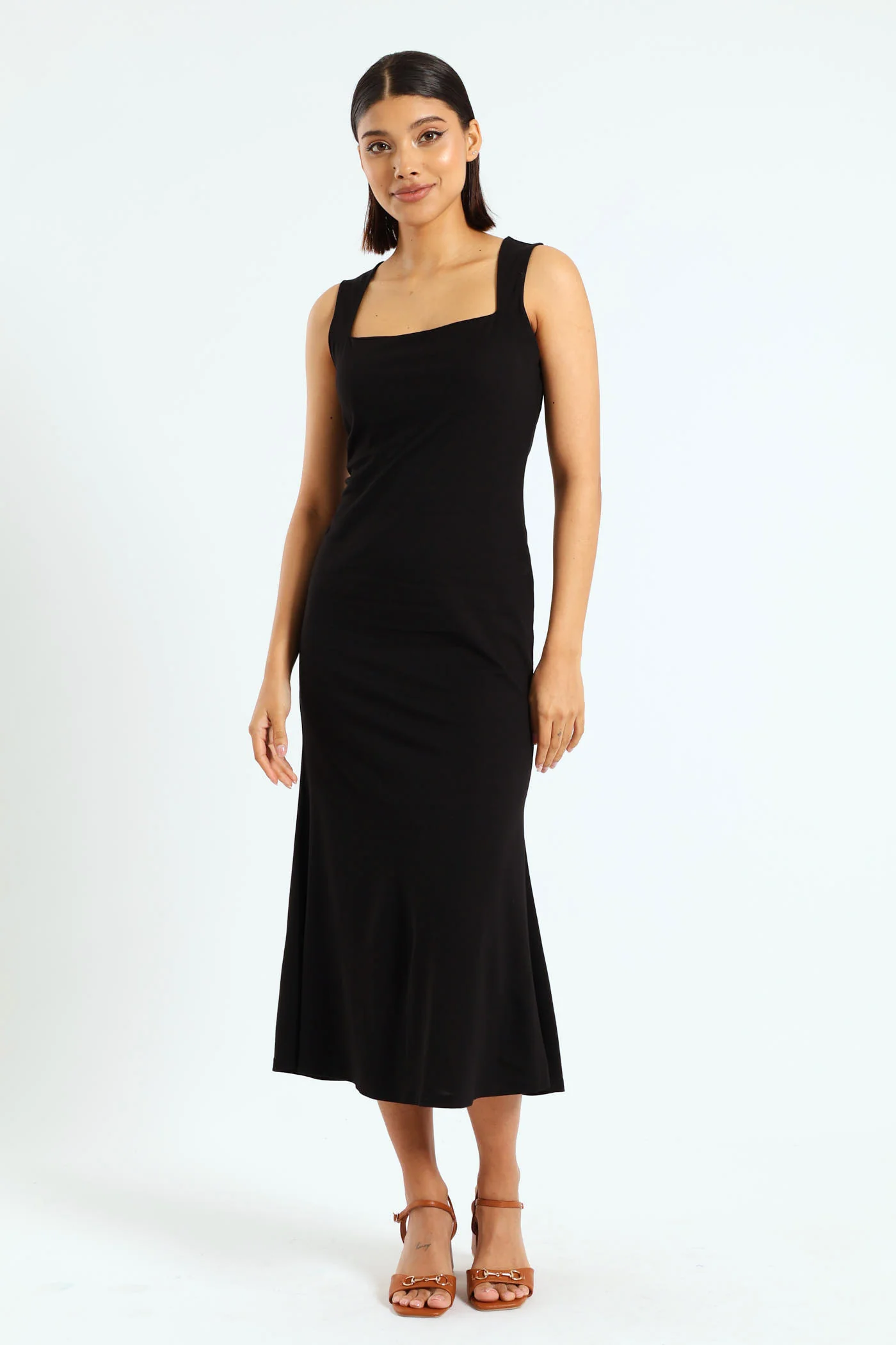 Square Neck Body Hugging Bodycon Dress - Black