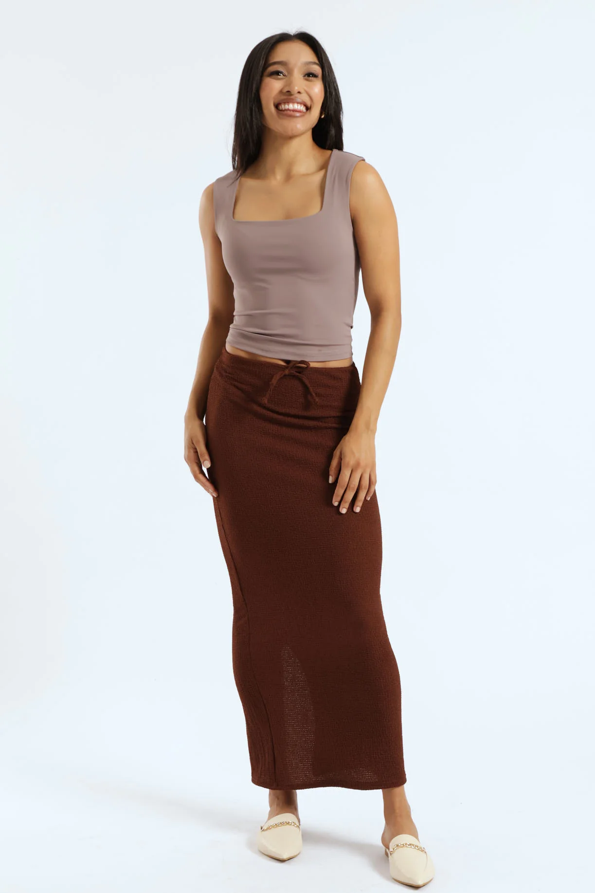 Square Neck Polyamide Top - Taupe - Image 2