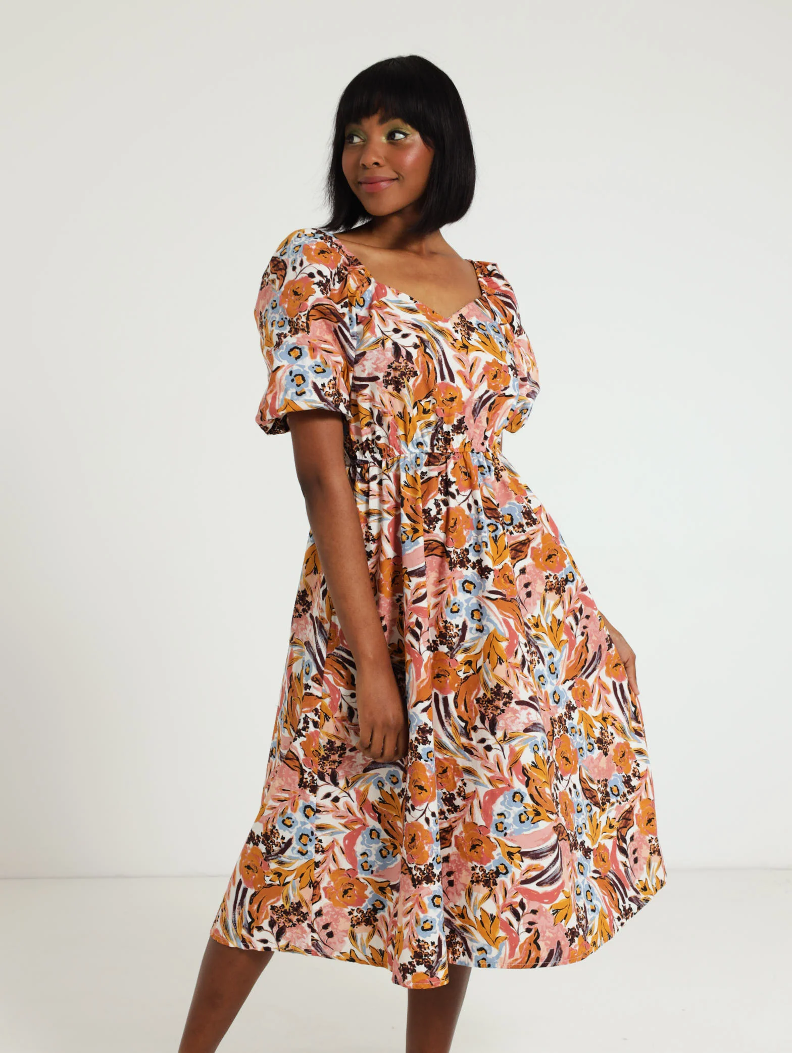 Puff Sleeve Floral Poplin Dress