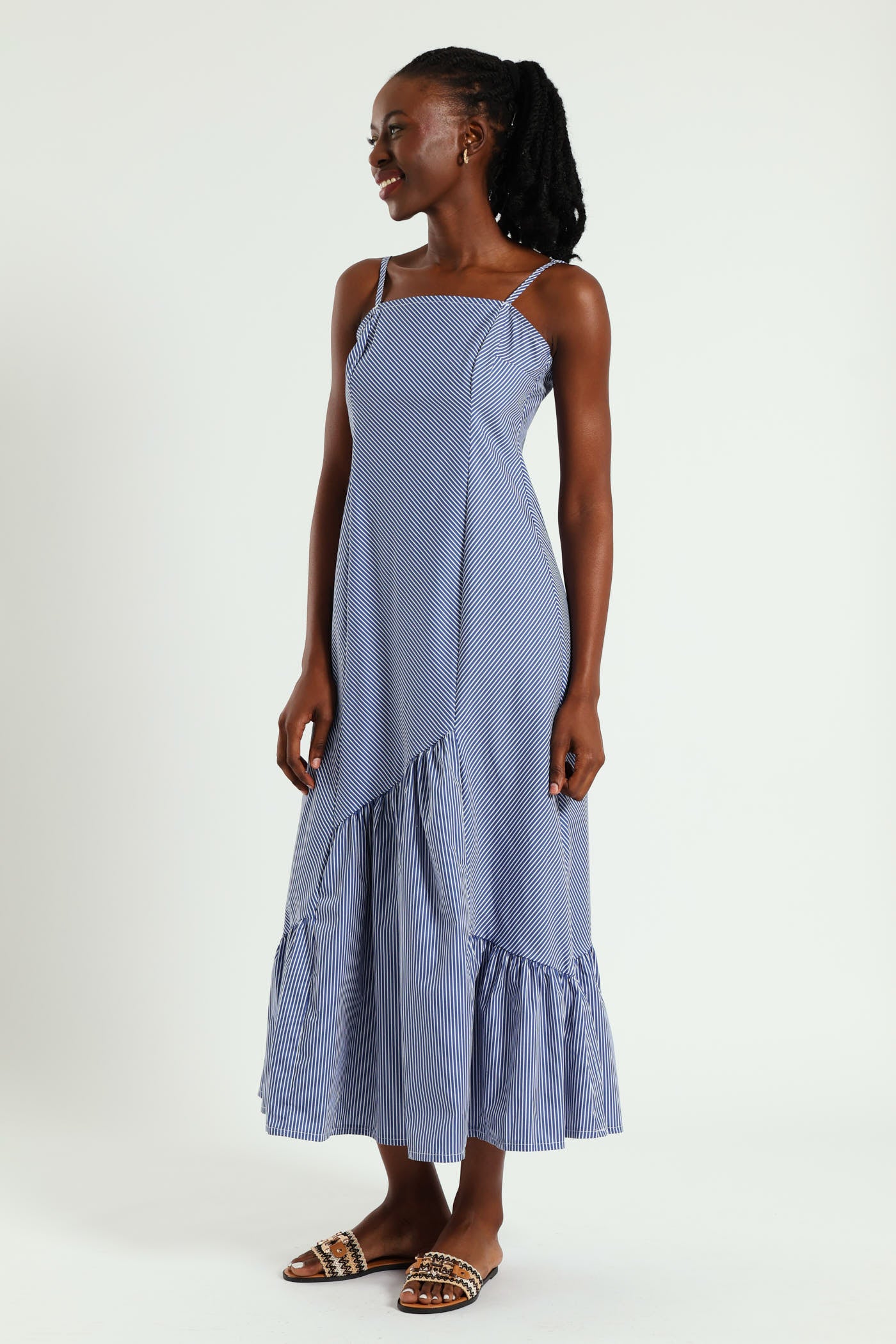 Strappy Asymmetrical Tier Detail Maxi Dress - White/Blue - Image 2