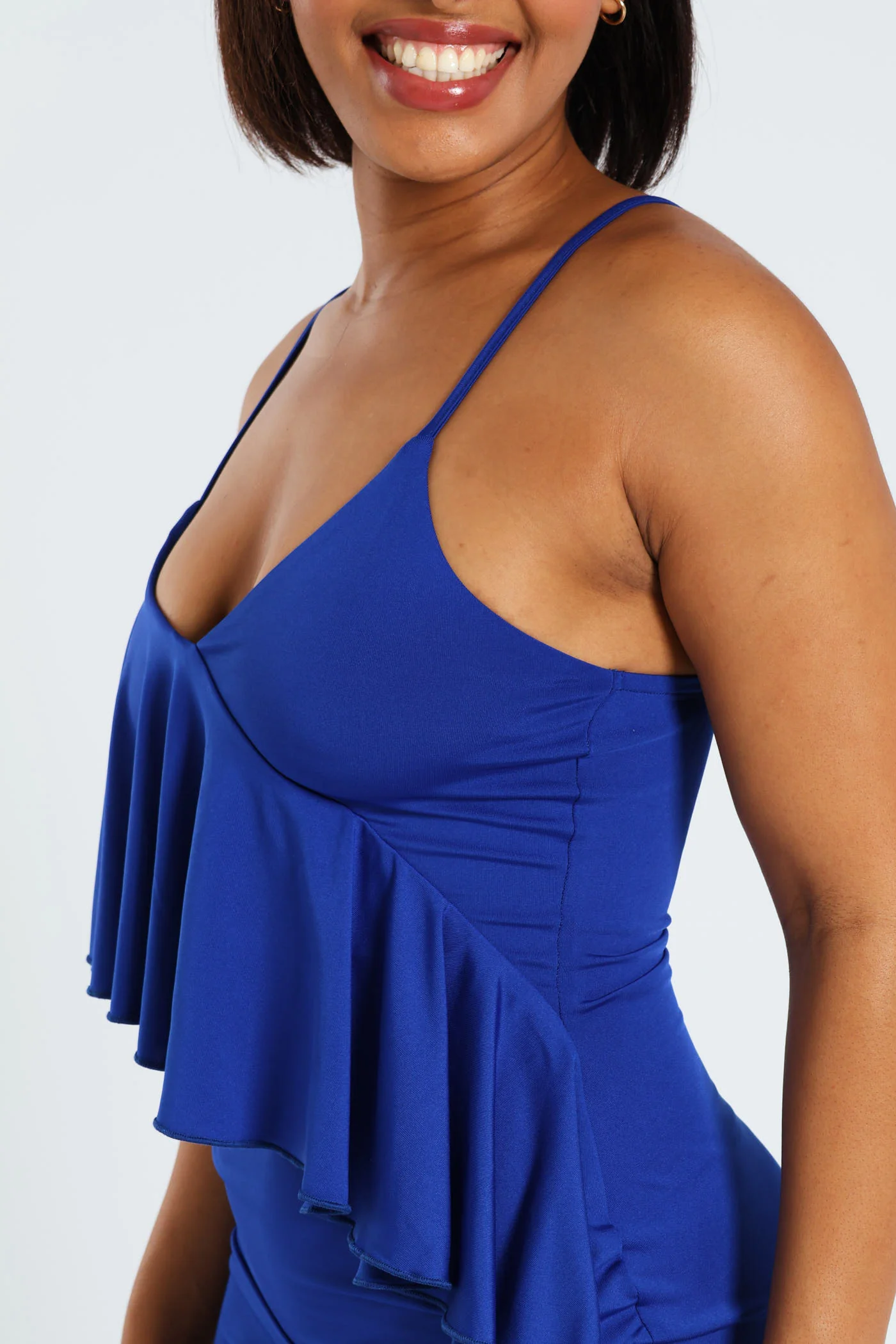 Strappy Diagonal Bust Frill Bodycon Dress - Blue - Image 3