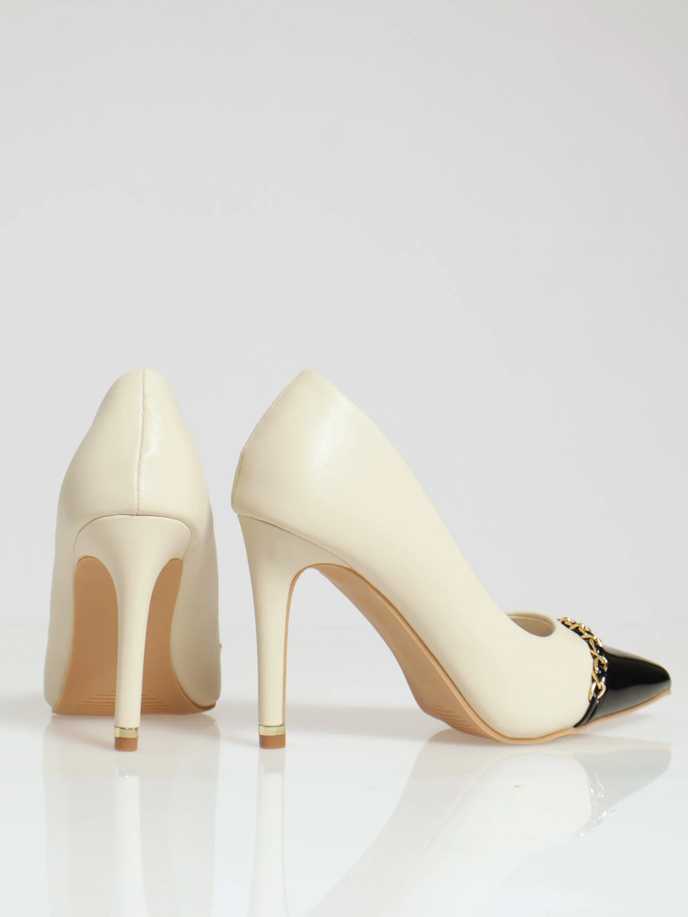 Stiletto Pointy Full Court Heel With Toe Cap - White/Black - Image 3