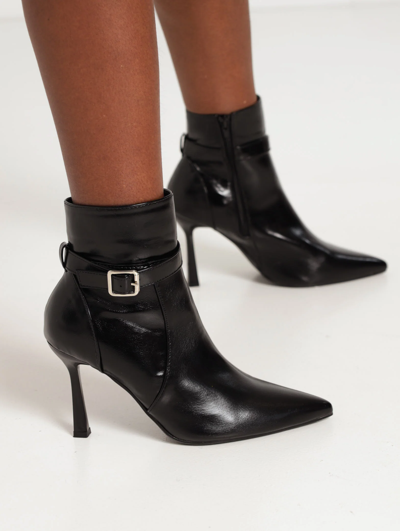 Stiletto Ankle Boot With Buckle Strap - Black