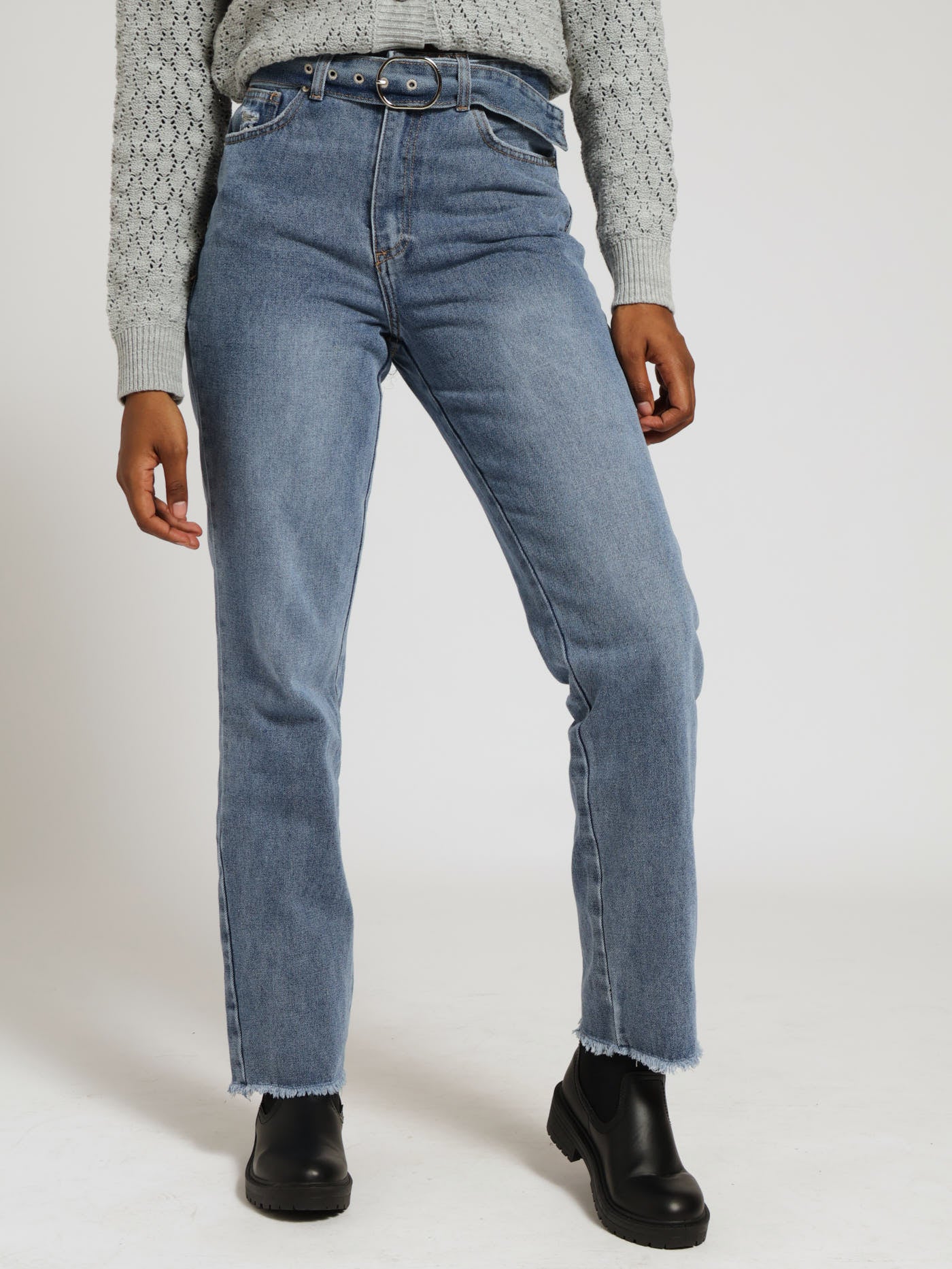 Straightleg Belted Long Jean - Stonewash