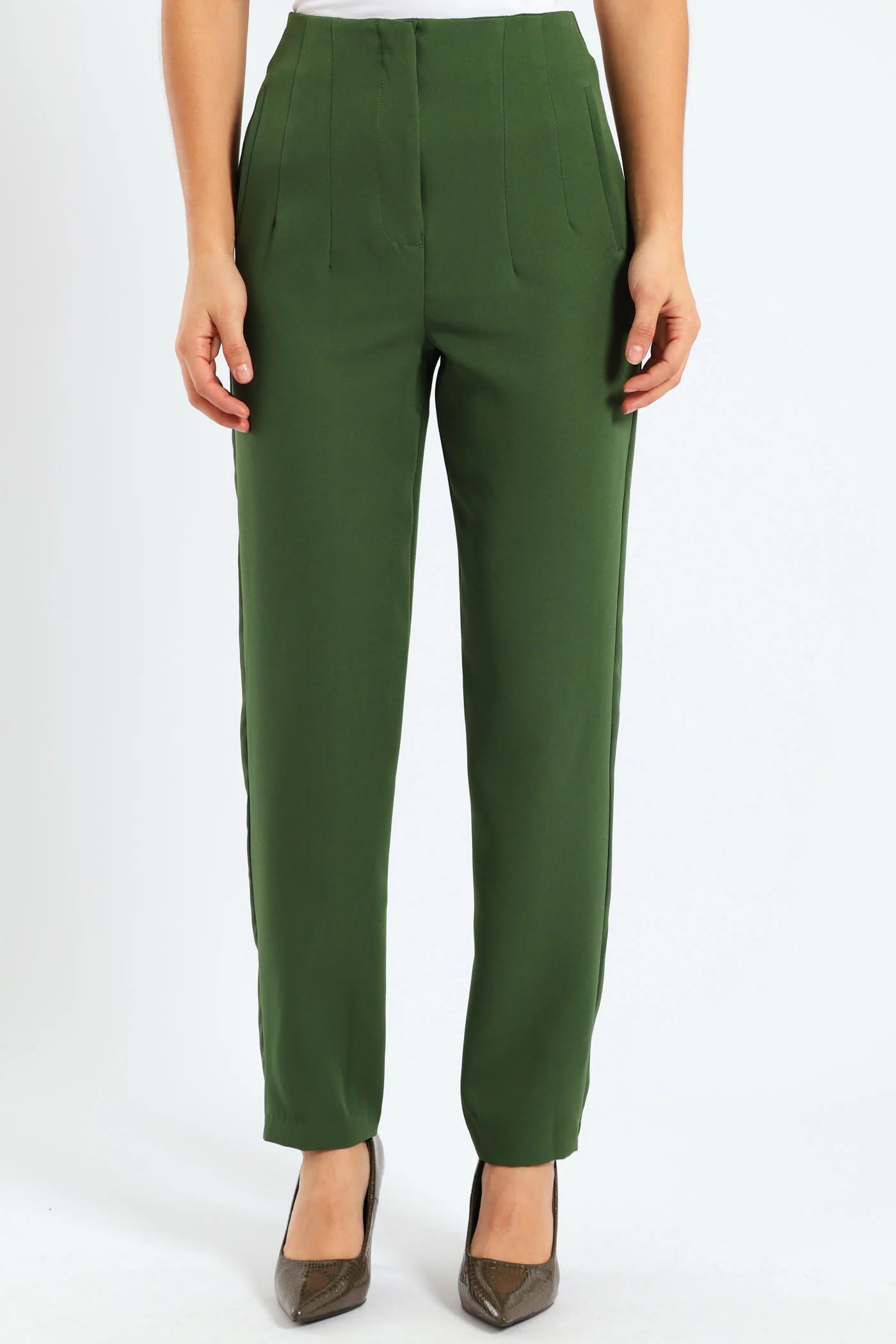 Straight Leg Pleated Detail Pants - Green