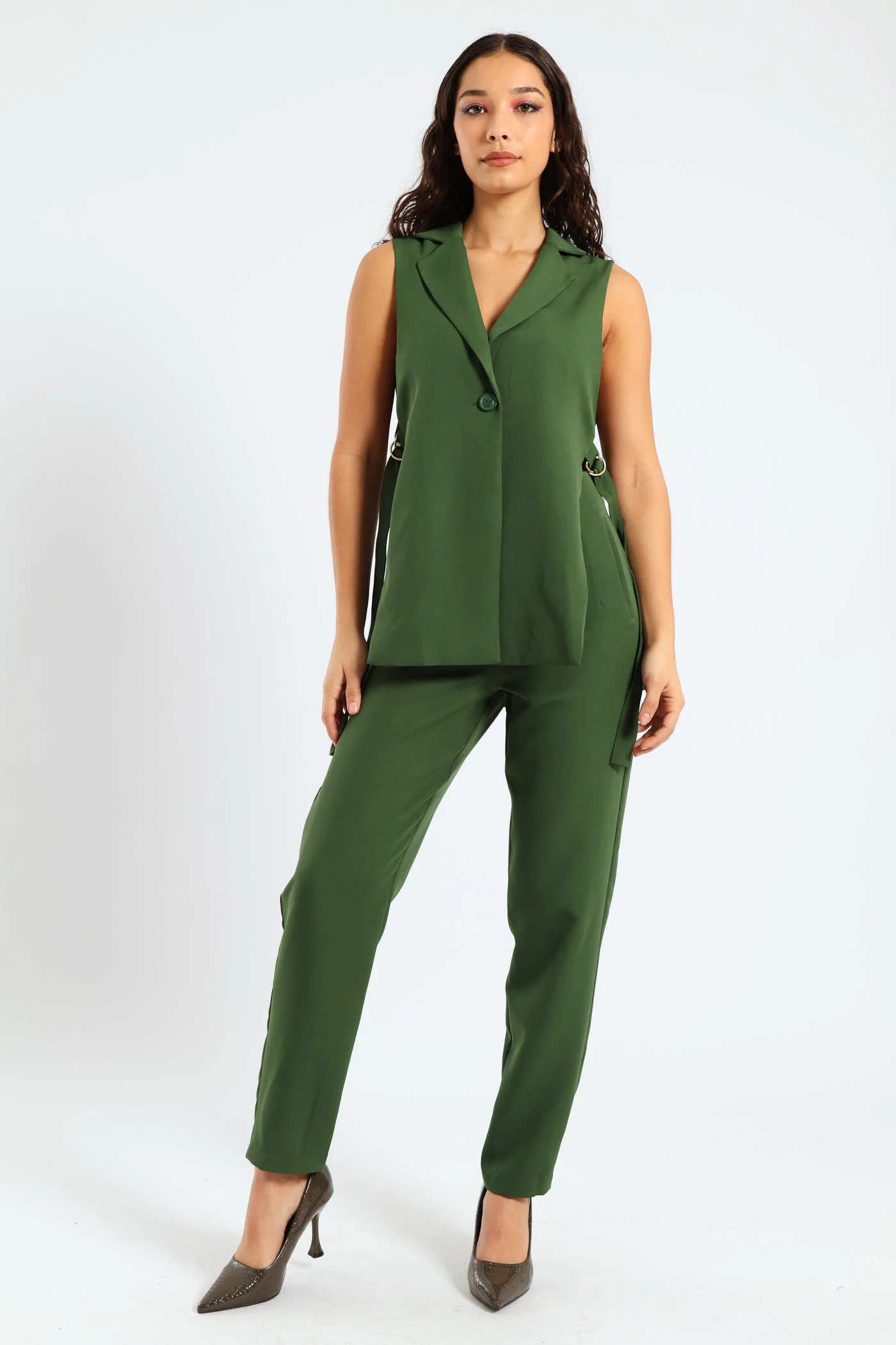 Straight Leg Pleated Detail Pants - Green - Image 2