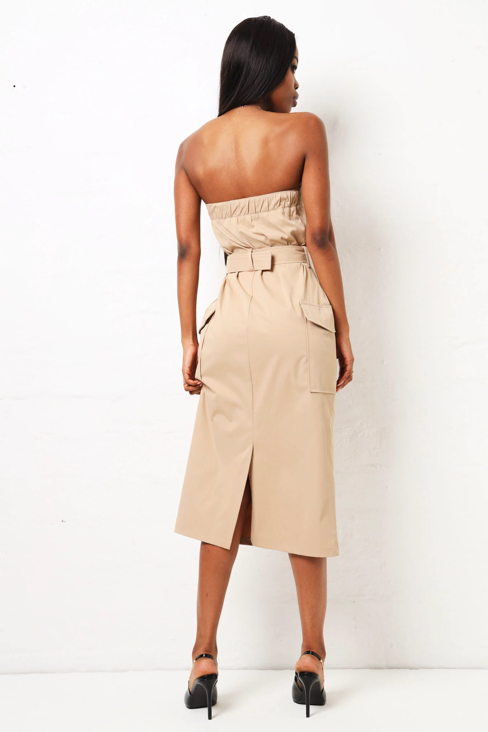 Strapless Belted Utility Midi Dress - Beige - Image 3