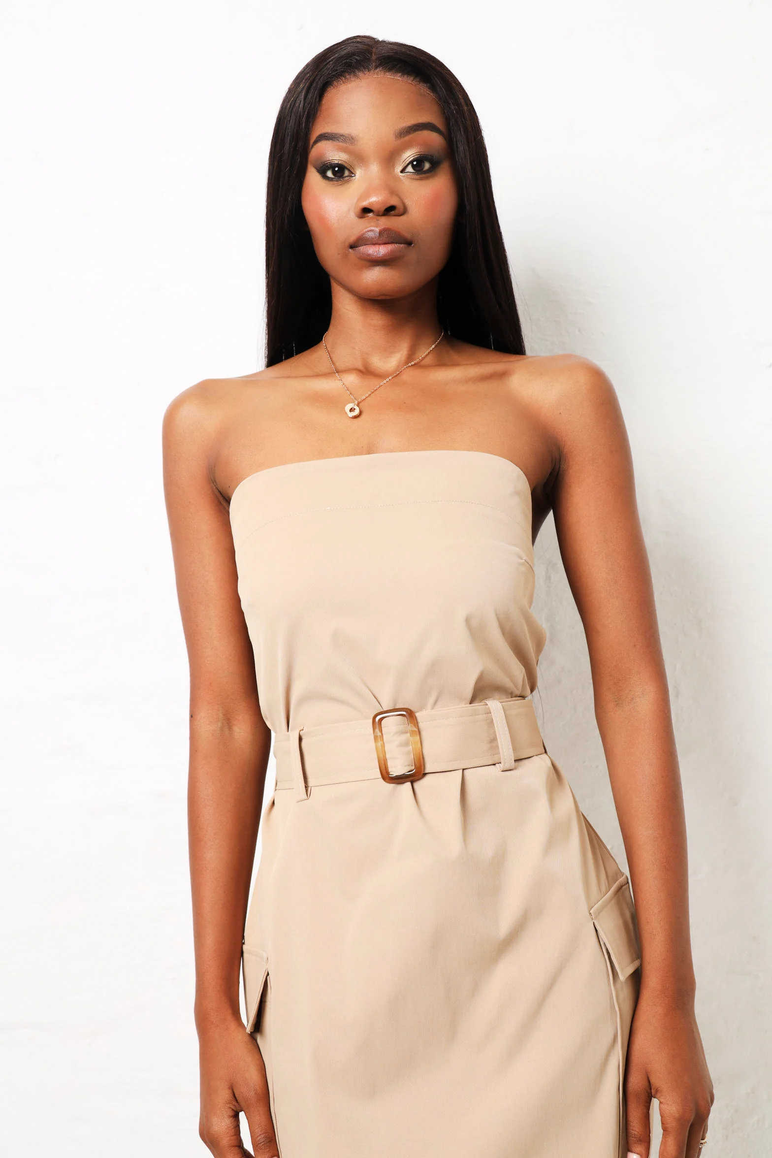 Strapless Belted Utility Midi Dress - Beige - Image 4