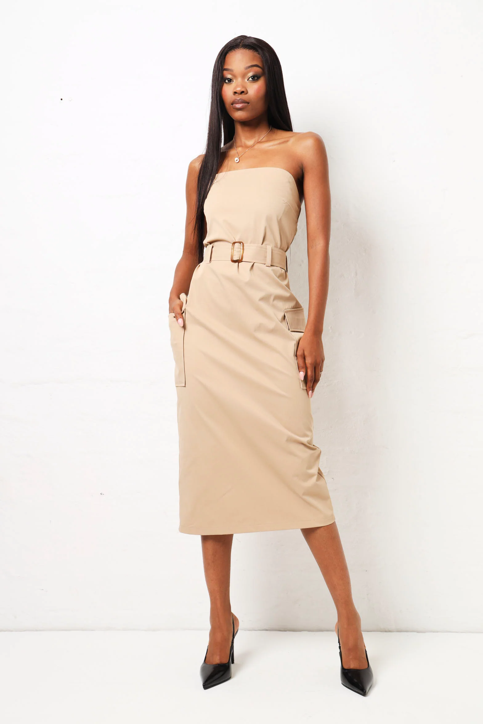 Strapless Belted Utility Midi Dress - Beige - Image 6