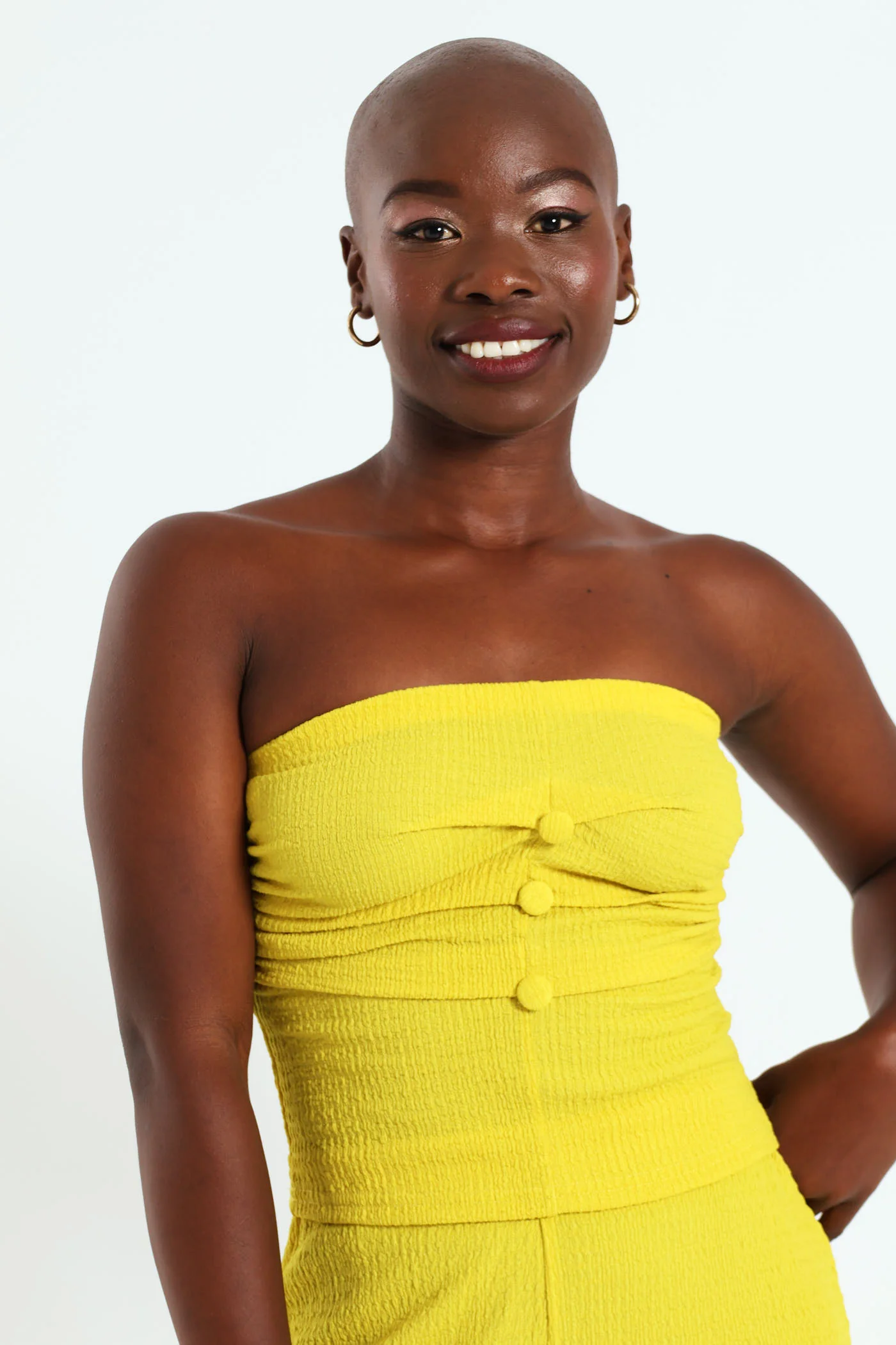 Strapless Button Front Crinkle Top - Chartreuse