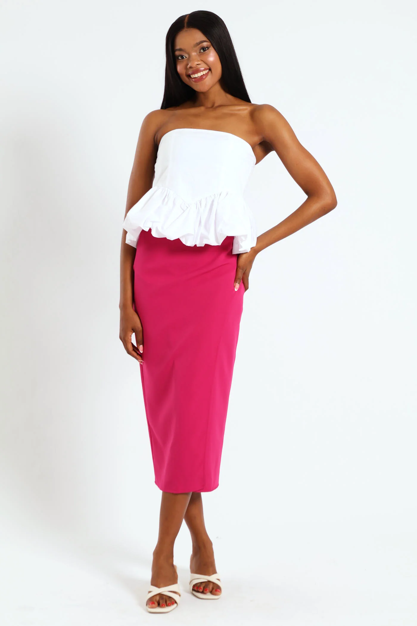 Strapless Corset Look Bubble Hem Top - White - Image 4