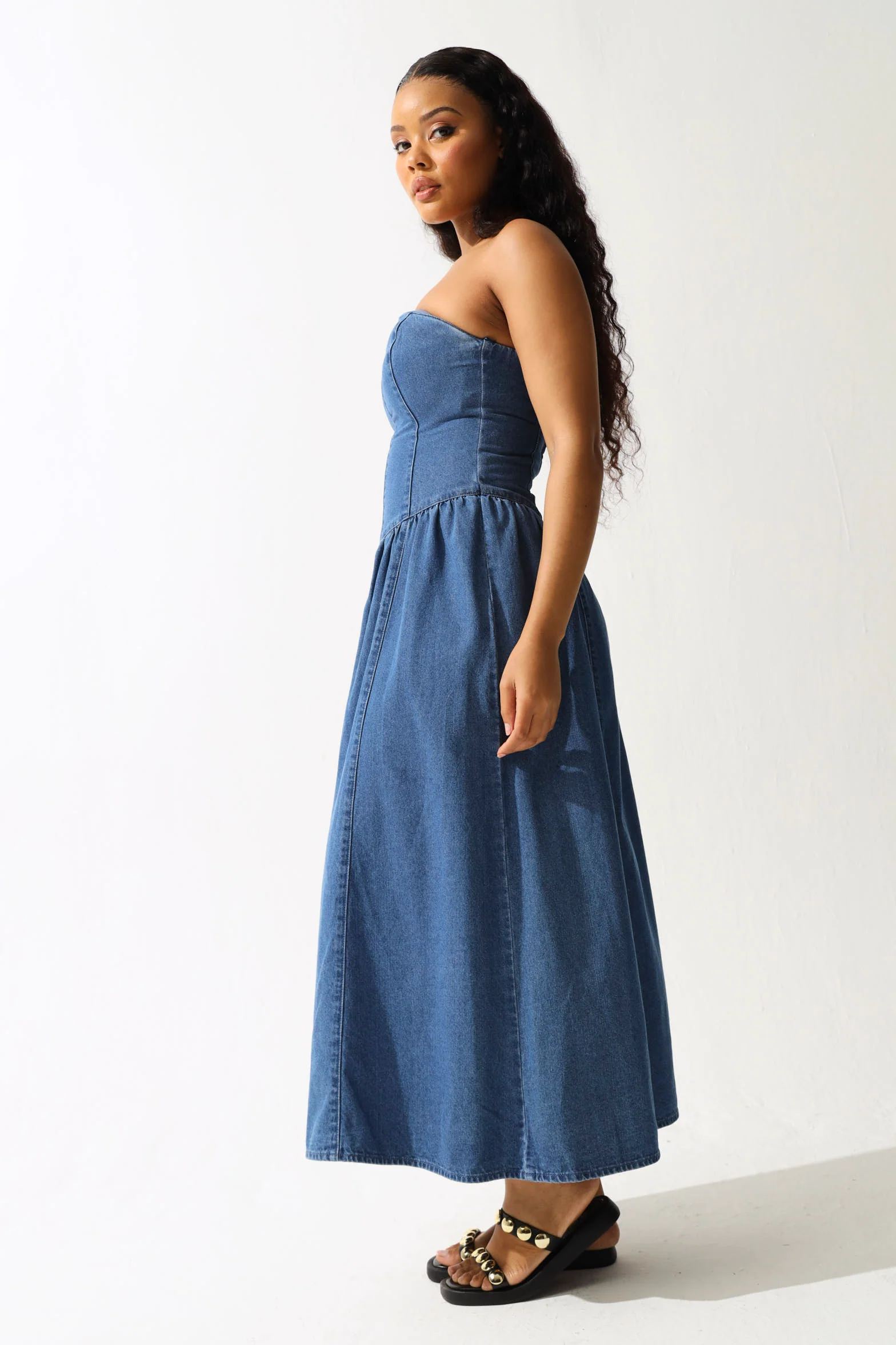 Strapless Corset Look Midi Dress - Medium Wash - Image 2
