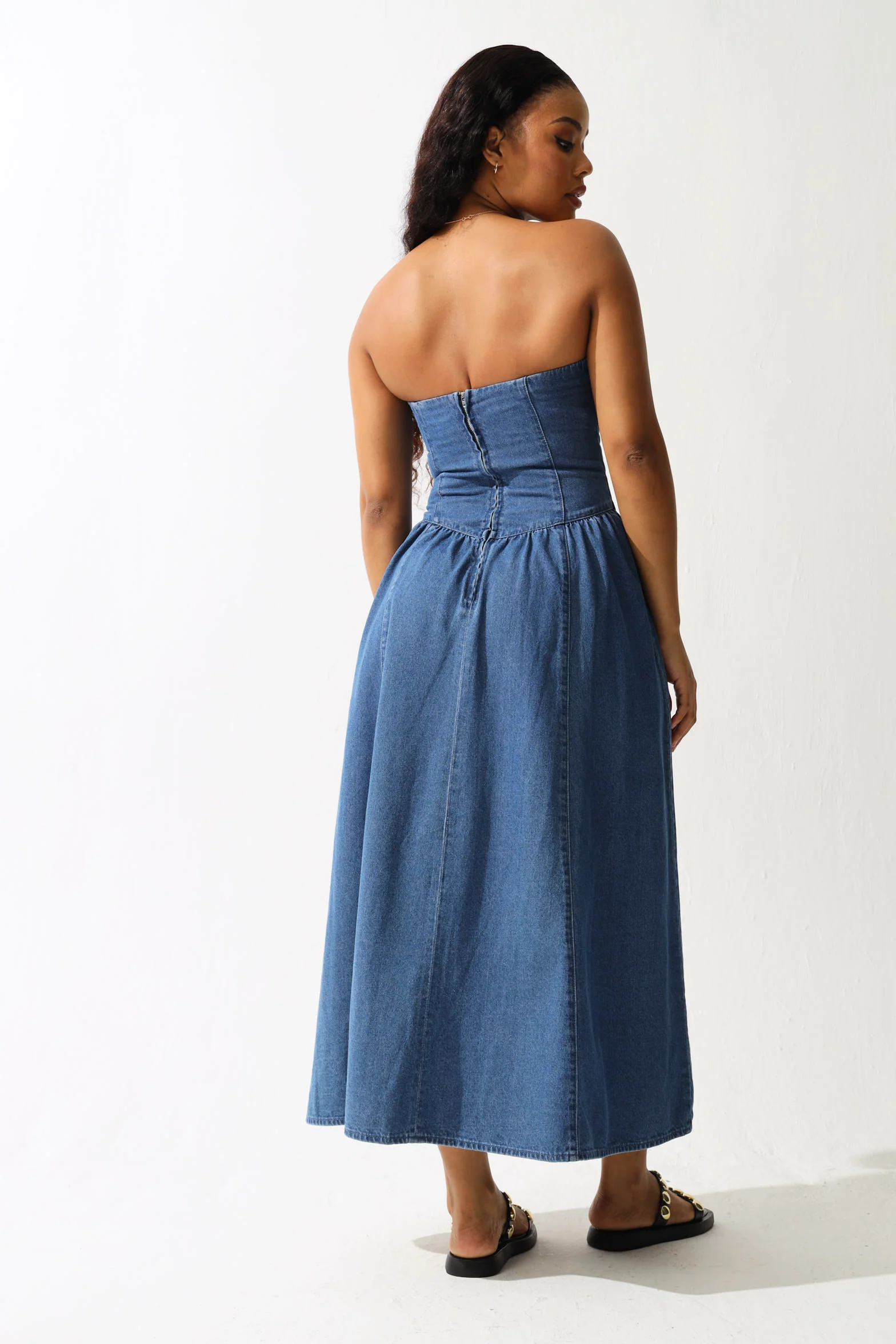 Strapless Corset Look Midi Dress - Medium Wash - Image 3