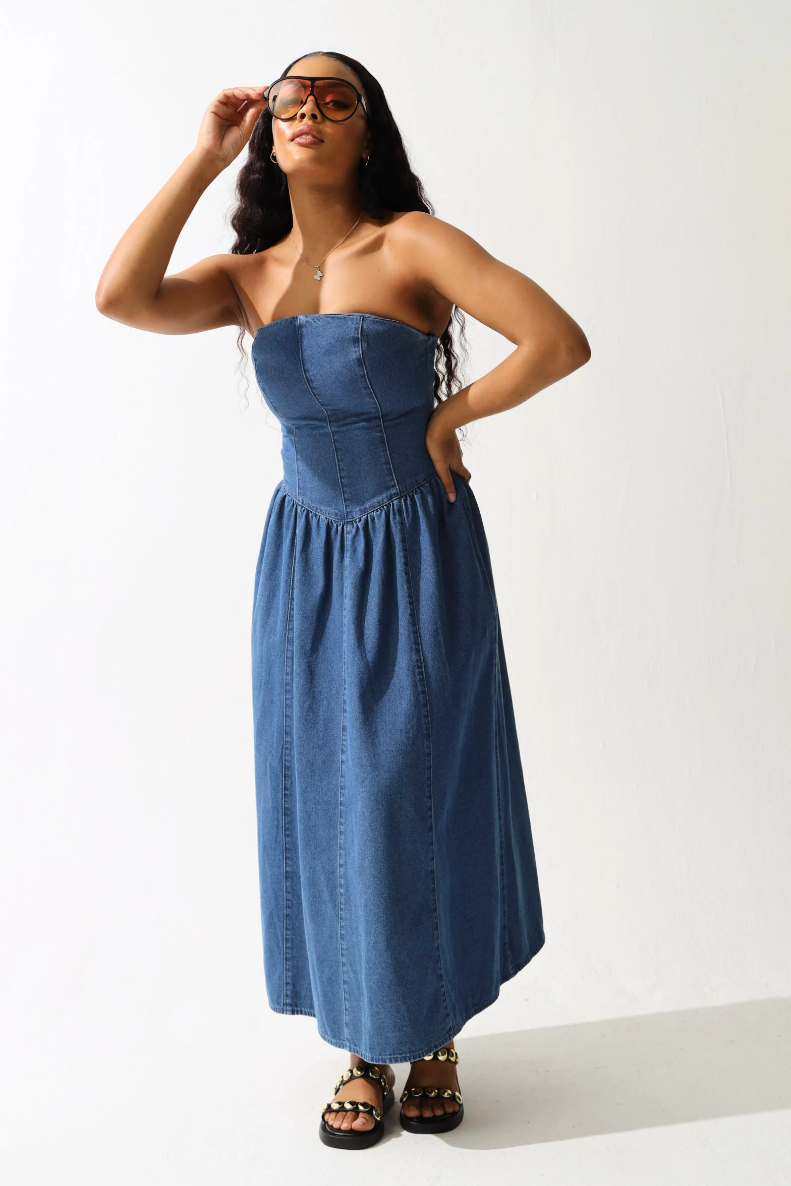 Strapless Corset Look Midi Dress - Medium Wash - Image 4