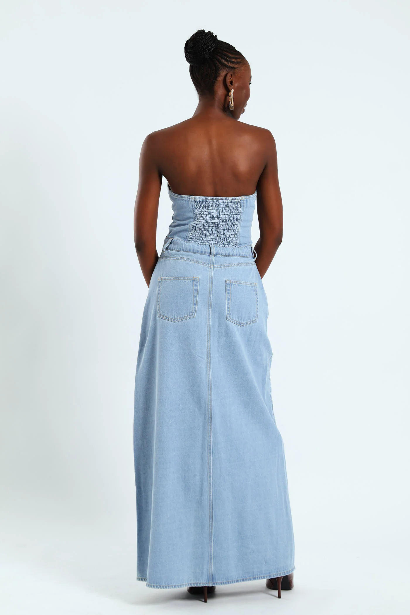 Strapless Denim Corset Midi Dress - Stonewash - Image 2
