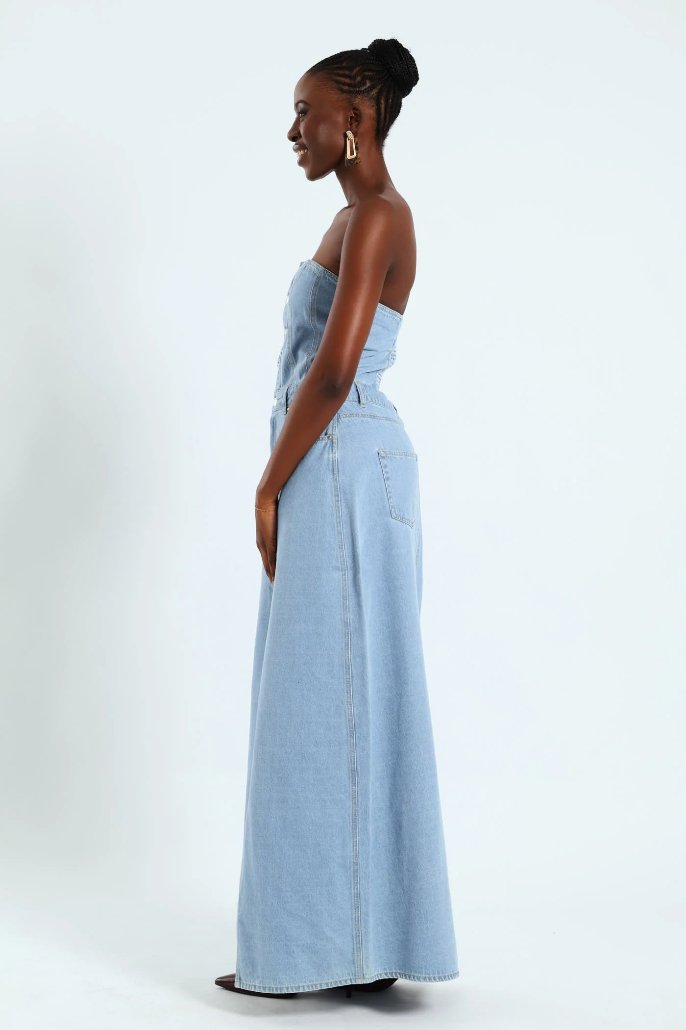Strapless Denim Corset Midi Dress - Stonewash - Image 3