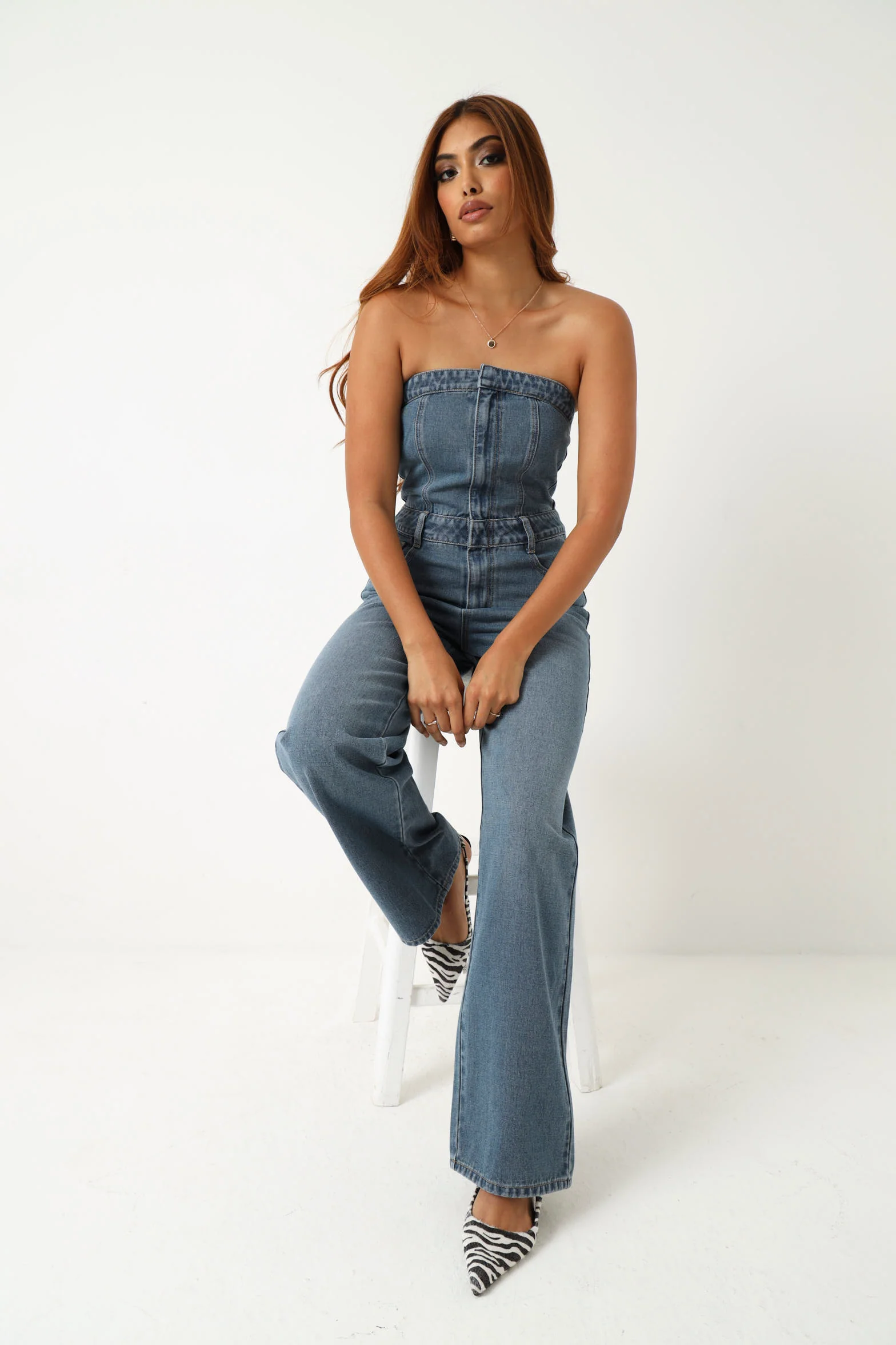 Strapless Denim Wide leg Jumpsuit -  Stonewash