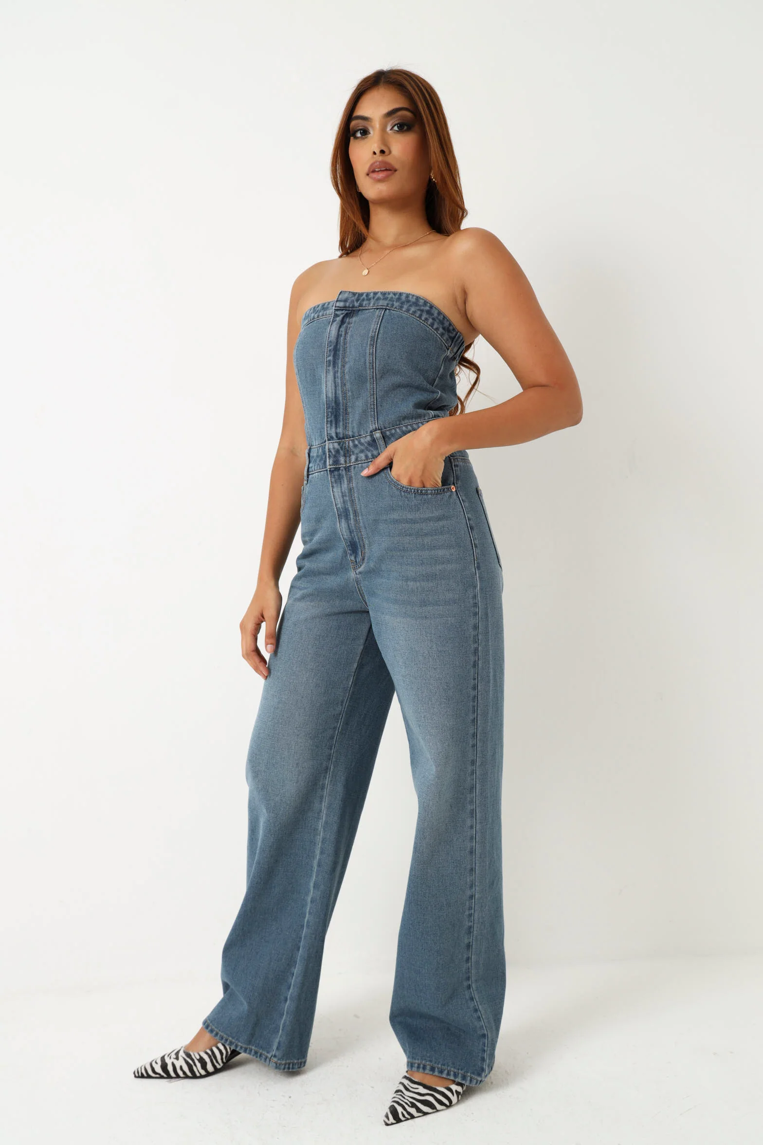 Strapless Denim Wide leg Jumpsuit -  Stonewash - Image 4