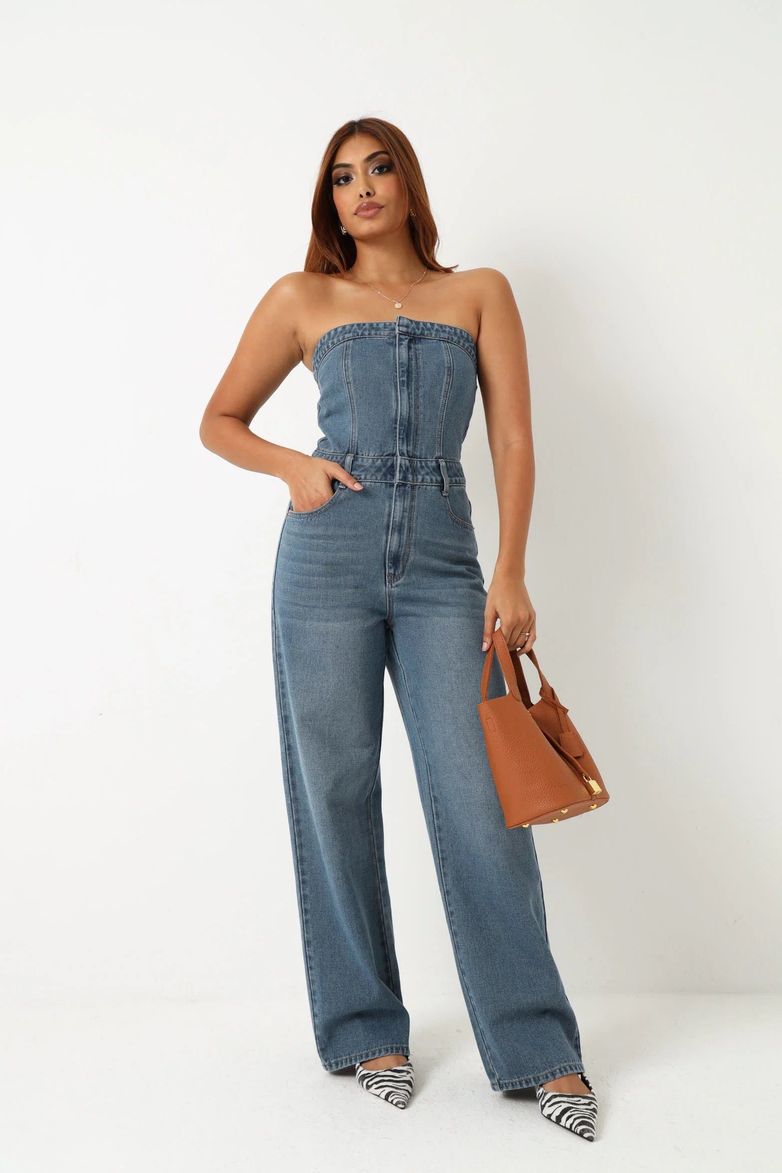 Strapless Denim Wide leg Jumpsuit -  Stonewash - Image 8