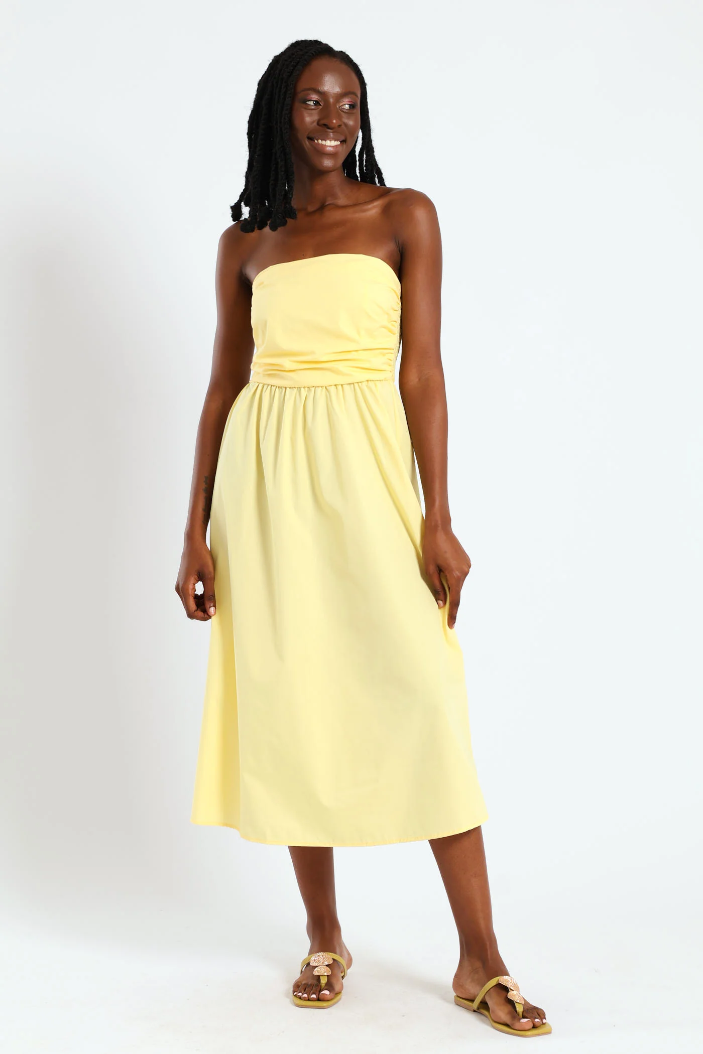 Strapless Poplin Midi Dress - Yellow