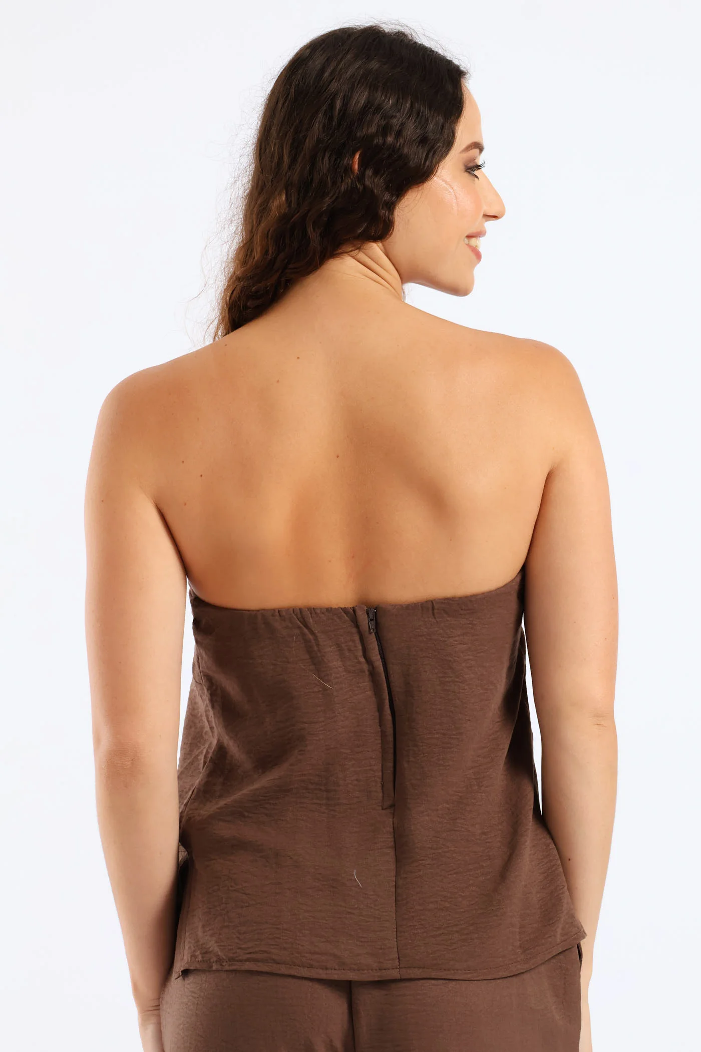 Strapless Rouched Side Long Length Top - Chocolate - Image 2